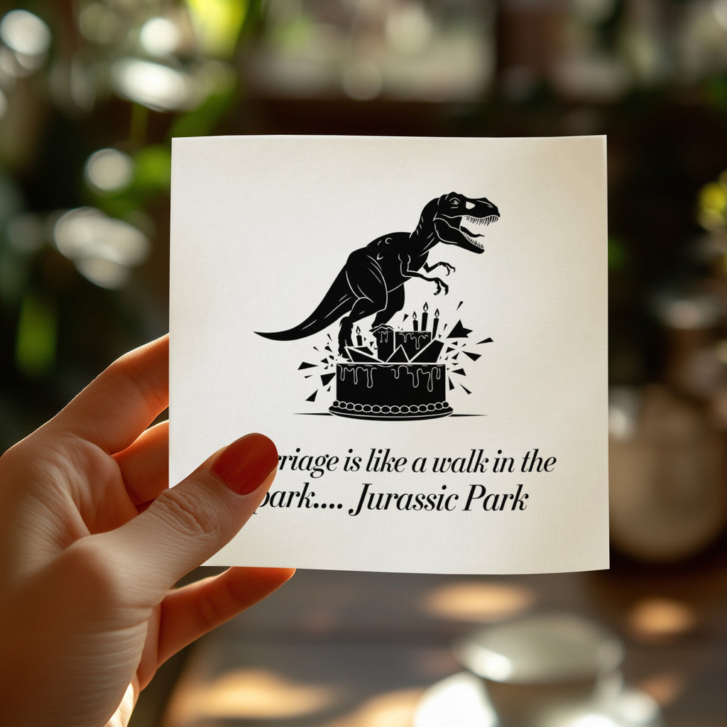 Square card with a dinosaur silhouette on a cake, reading "Marriage is like a walk in the park... Jurassic Park".