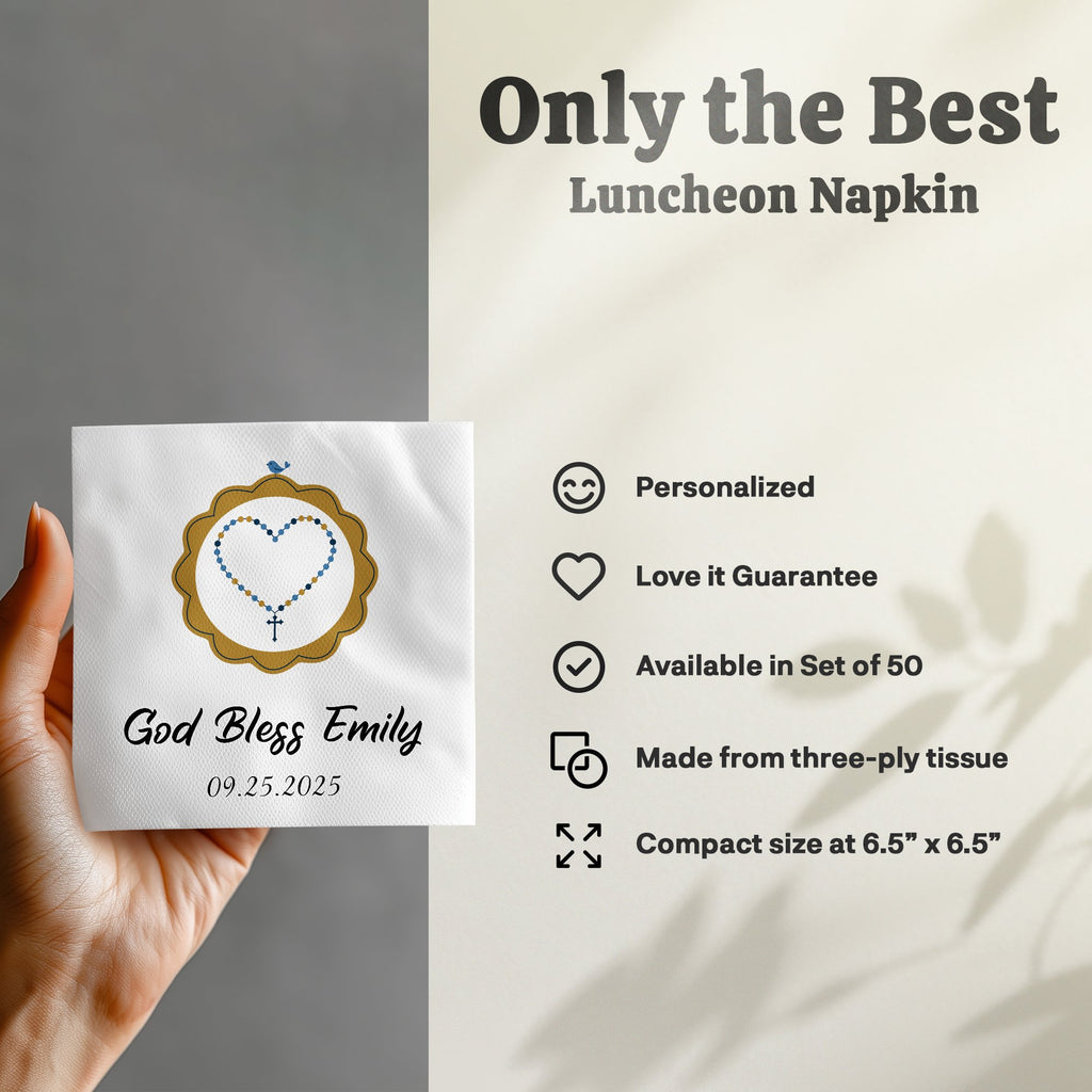 Luncheon napkin with "God Bless Emily" and date, featuring a decorative border.