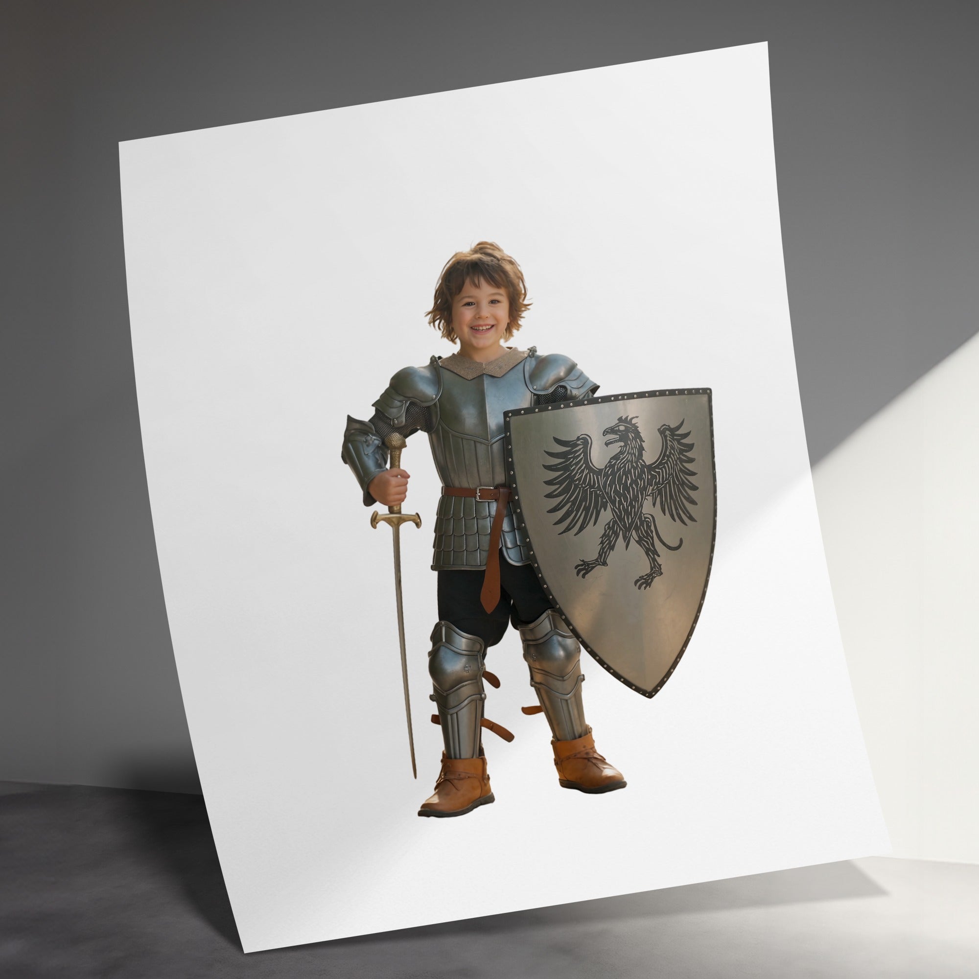 Smiling child in knight armor holding sword and shield with eagle crest.