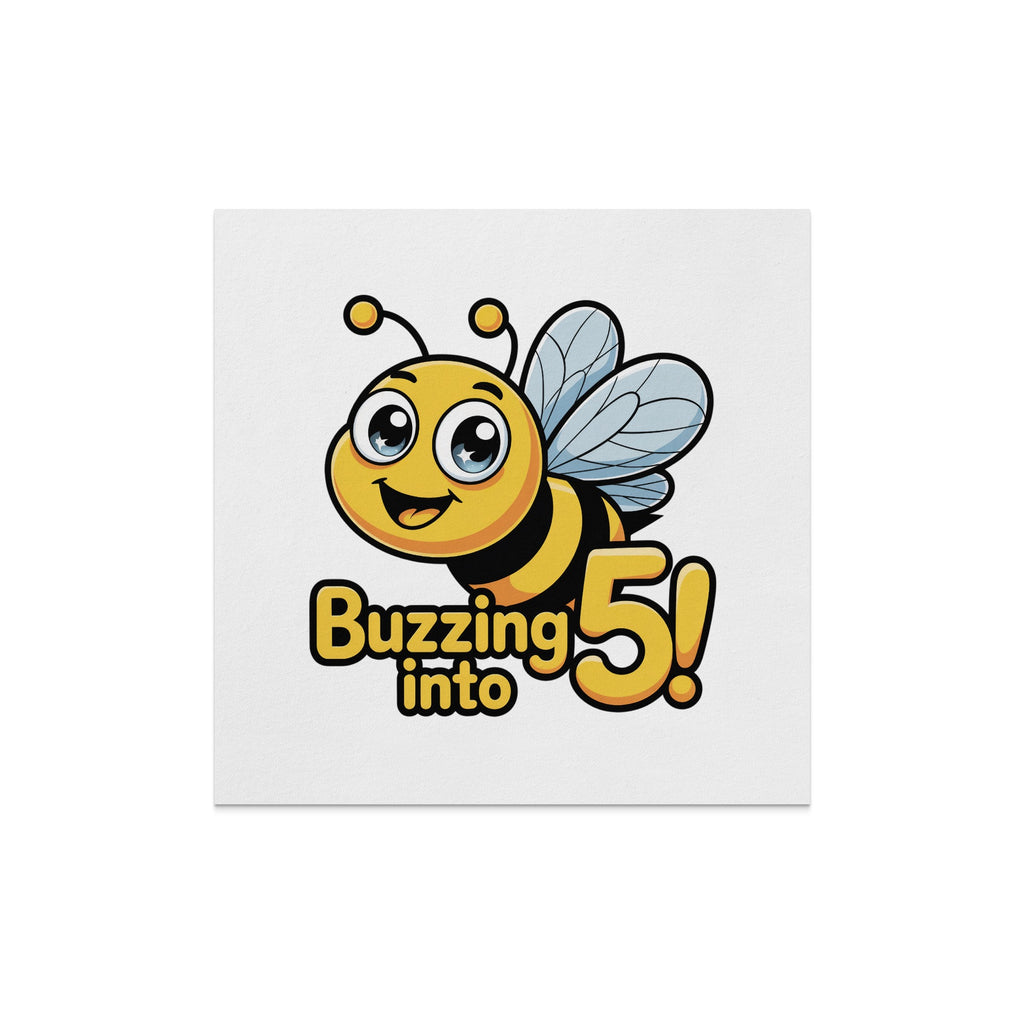 Cartoon bee celebrating "Buzzing into 5!" birthday.