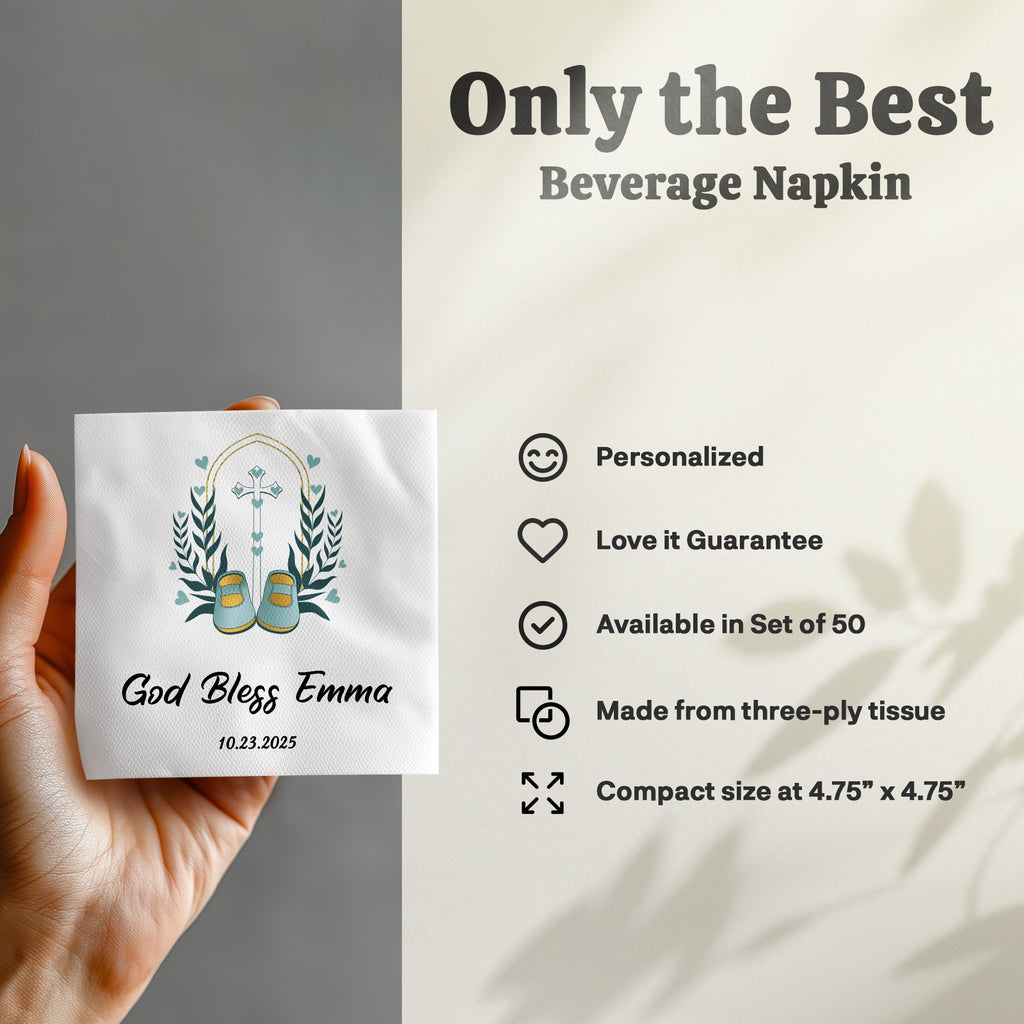 Beverage napkin with "God Bless Emma" and floral design.