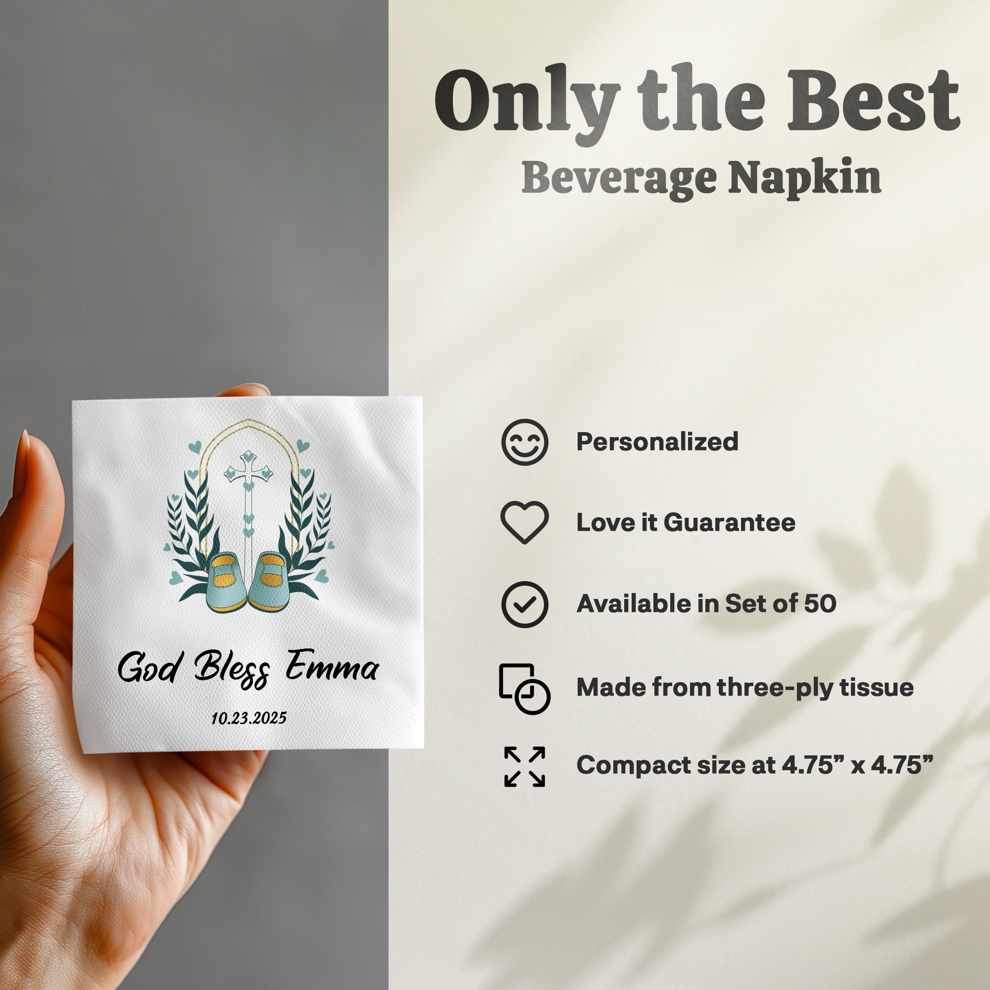 Beverage napkin with "God Bless Emma" and floral design.