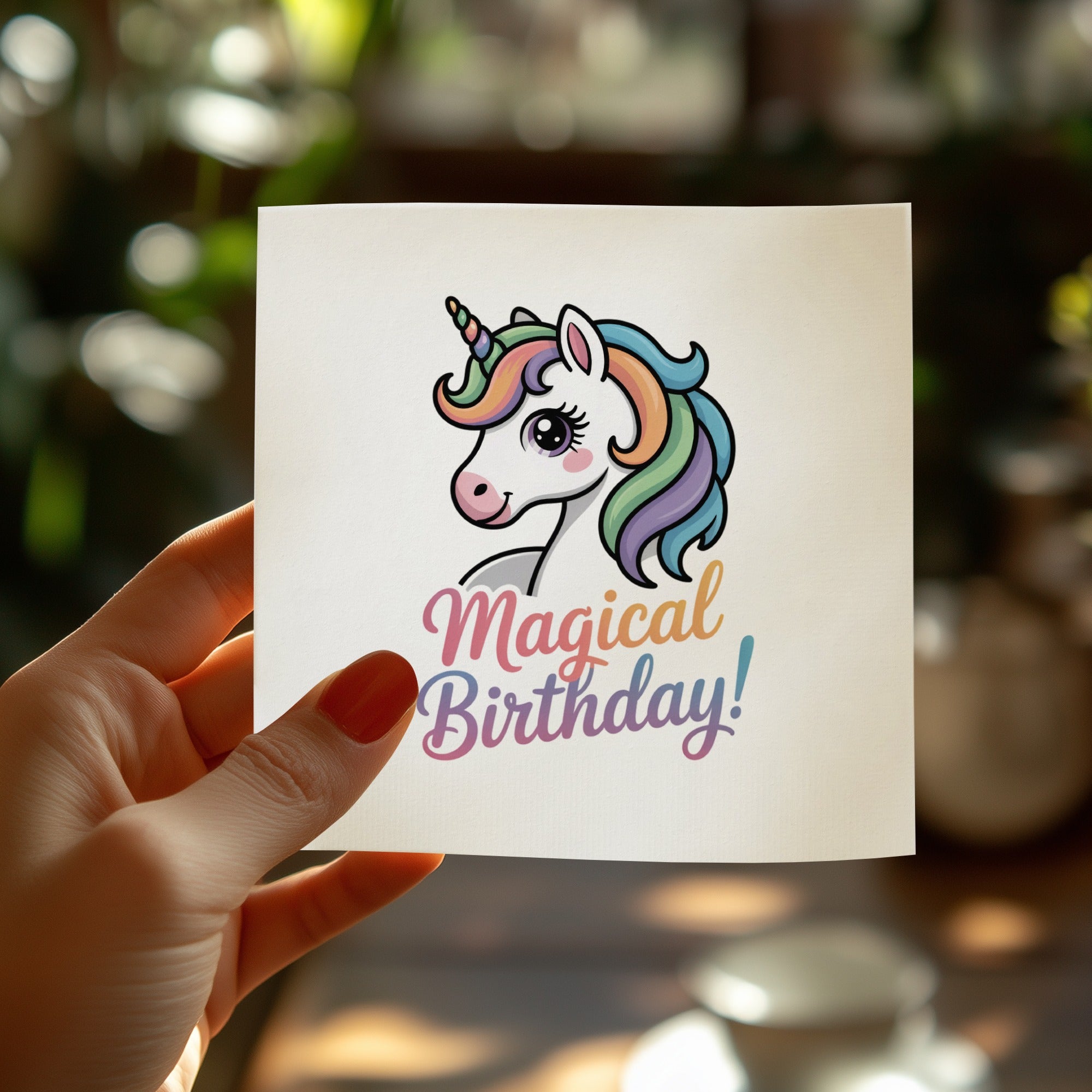 Card with a unicorn and "Magical Birthday!" text held by a hand.