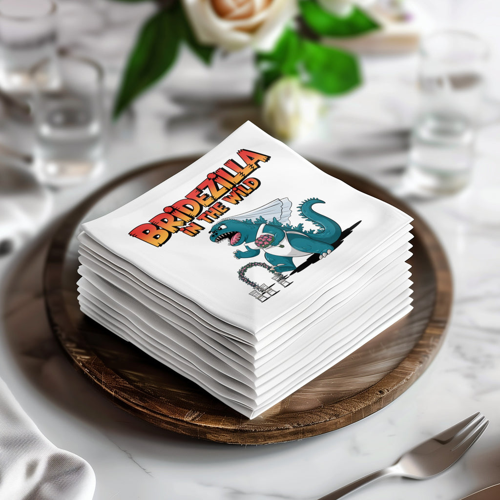 Stack of napkins featuring Bridezilla in the Wild design with Godzilla-like character.