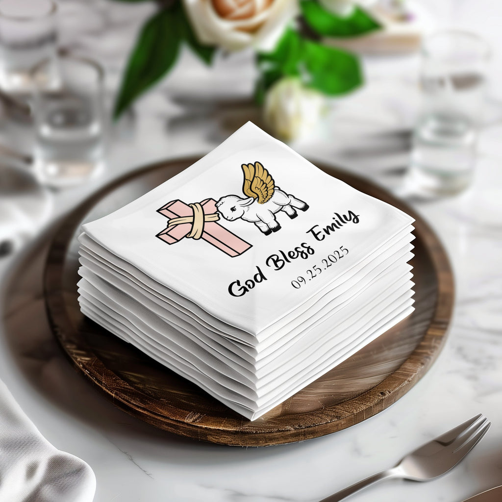 Stack of white napkins with cross, lamb, and "God Bless Emily 09.25.2025".