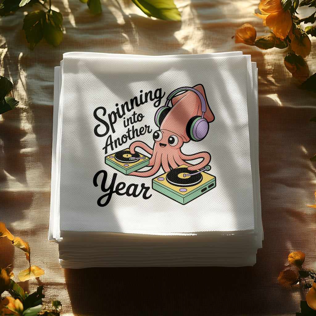 Stack of napkins with a cartoon squid DJ wearing headphones.