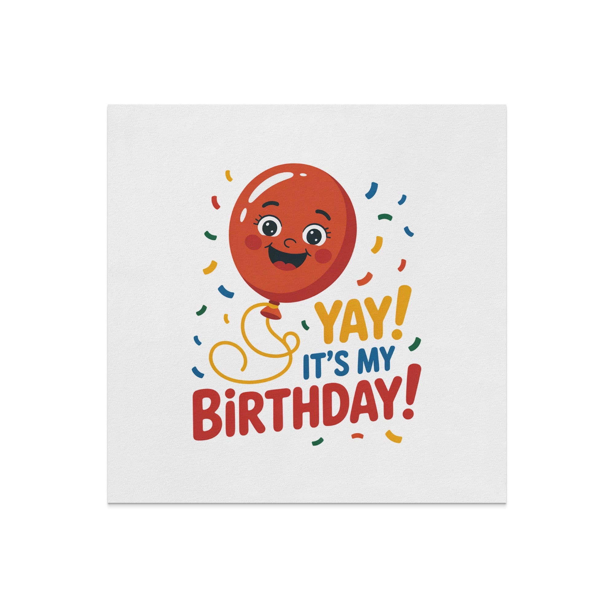 Red balloon with "Yay! It's my birthday!" text and confetti.