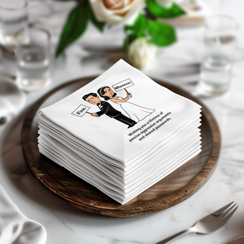 Wedding napkins with a bride and groom illustration and humorous text.