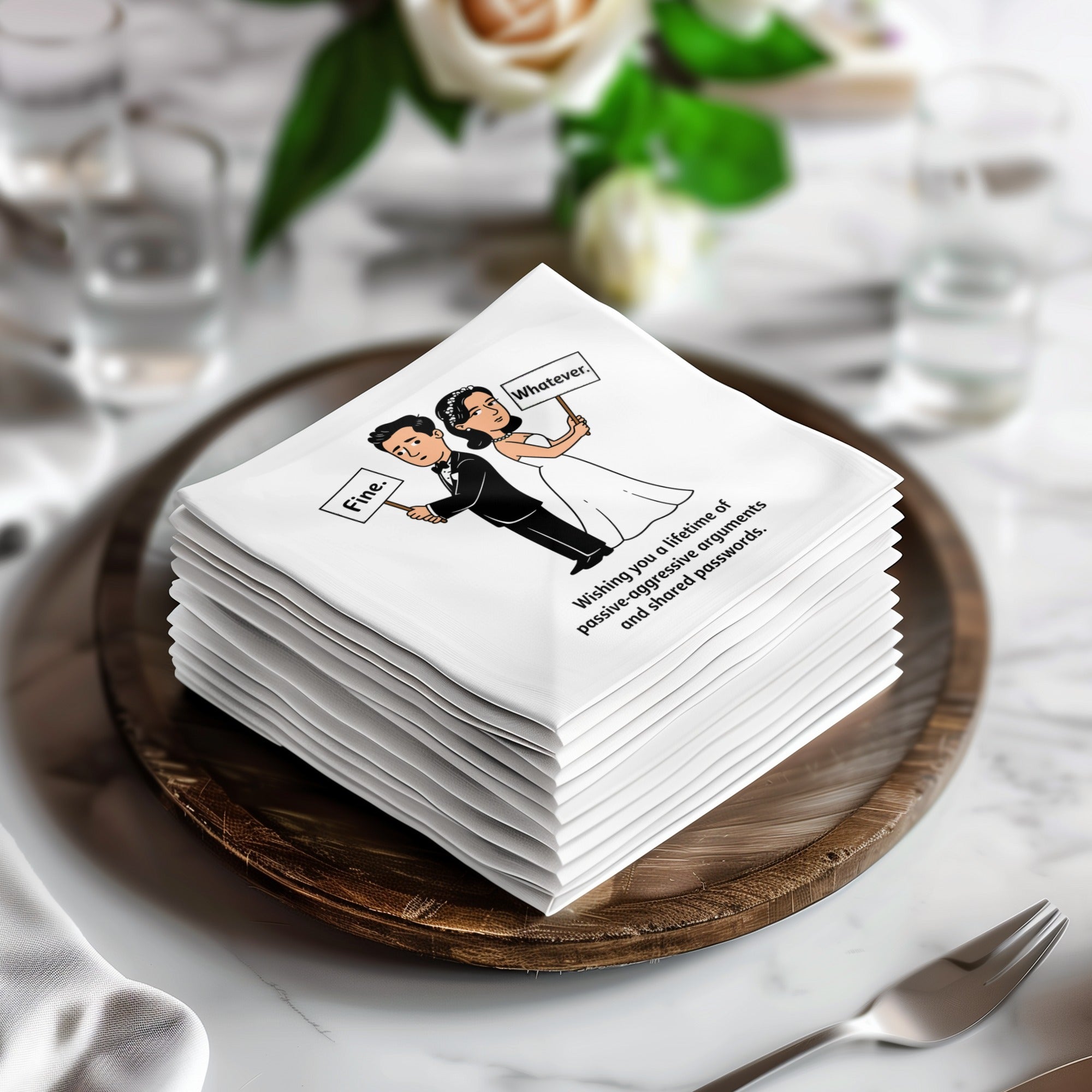 Wedding napkins with a bride and groom illustration and humorous text.