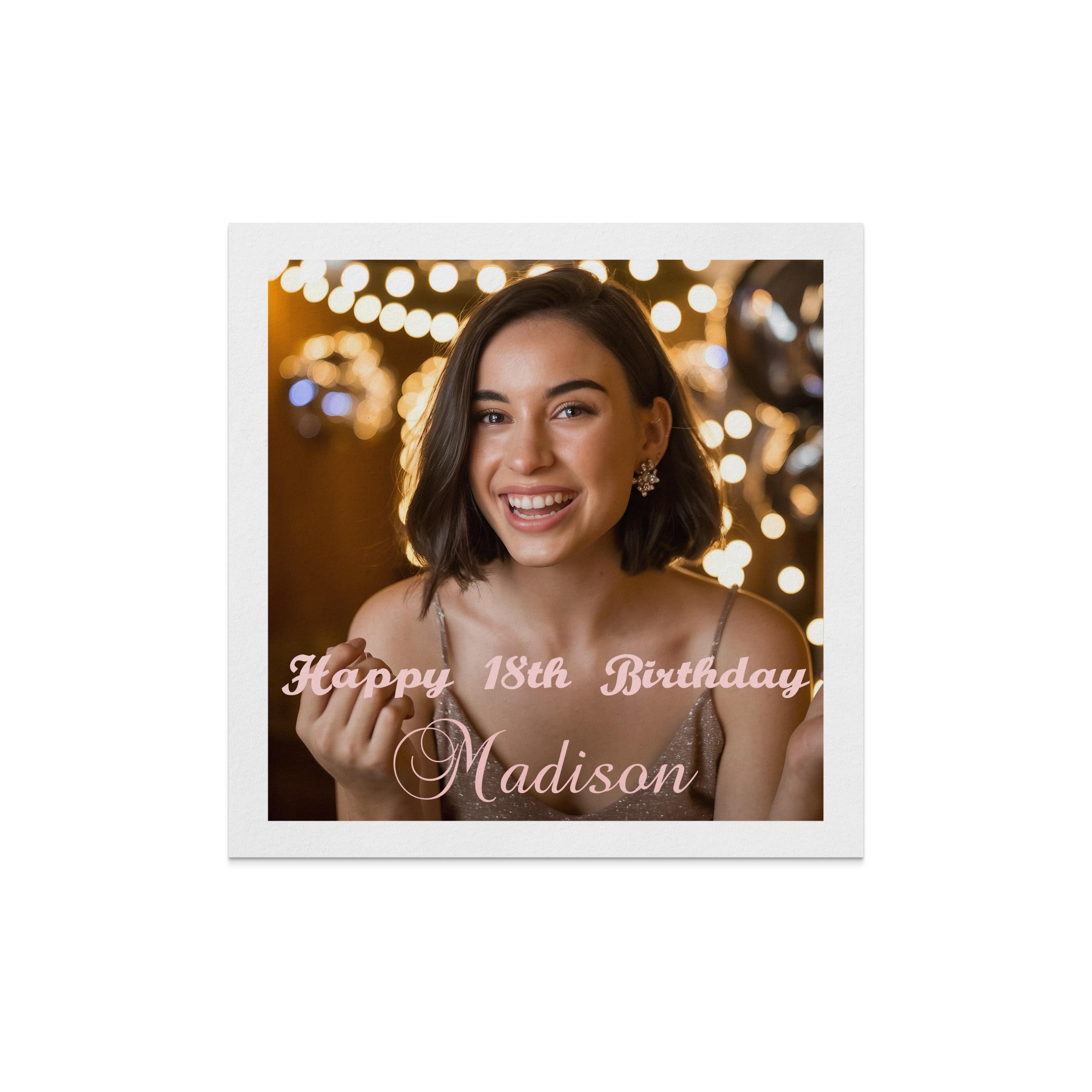 Woman smiling, celebrating 18th birthday with "Happy 18th Birthday Madison" text.