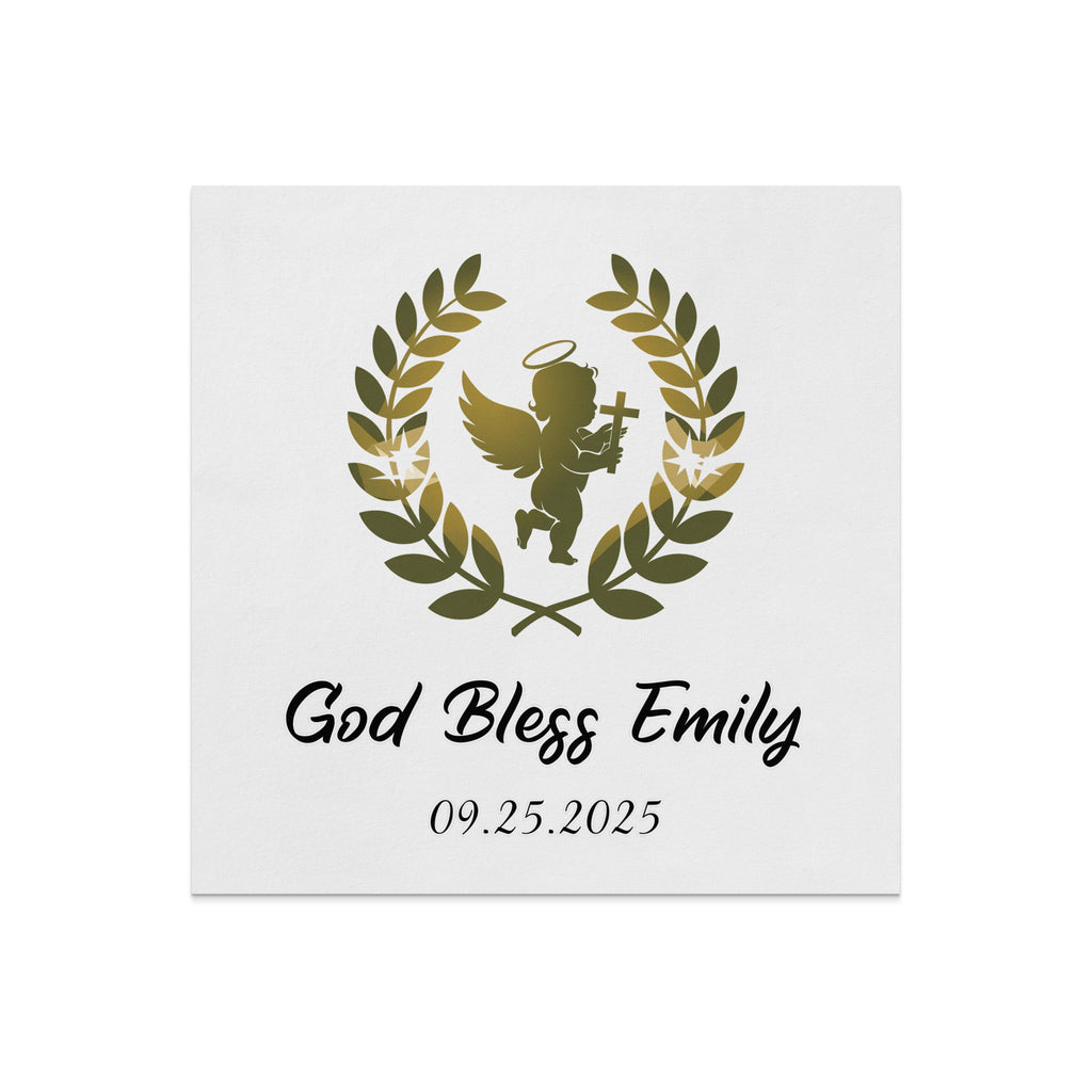 Angel with laurel wreath, "God Bless Emily," and date.