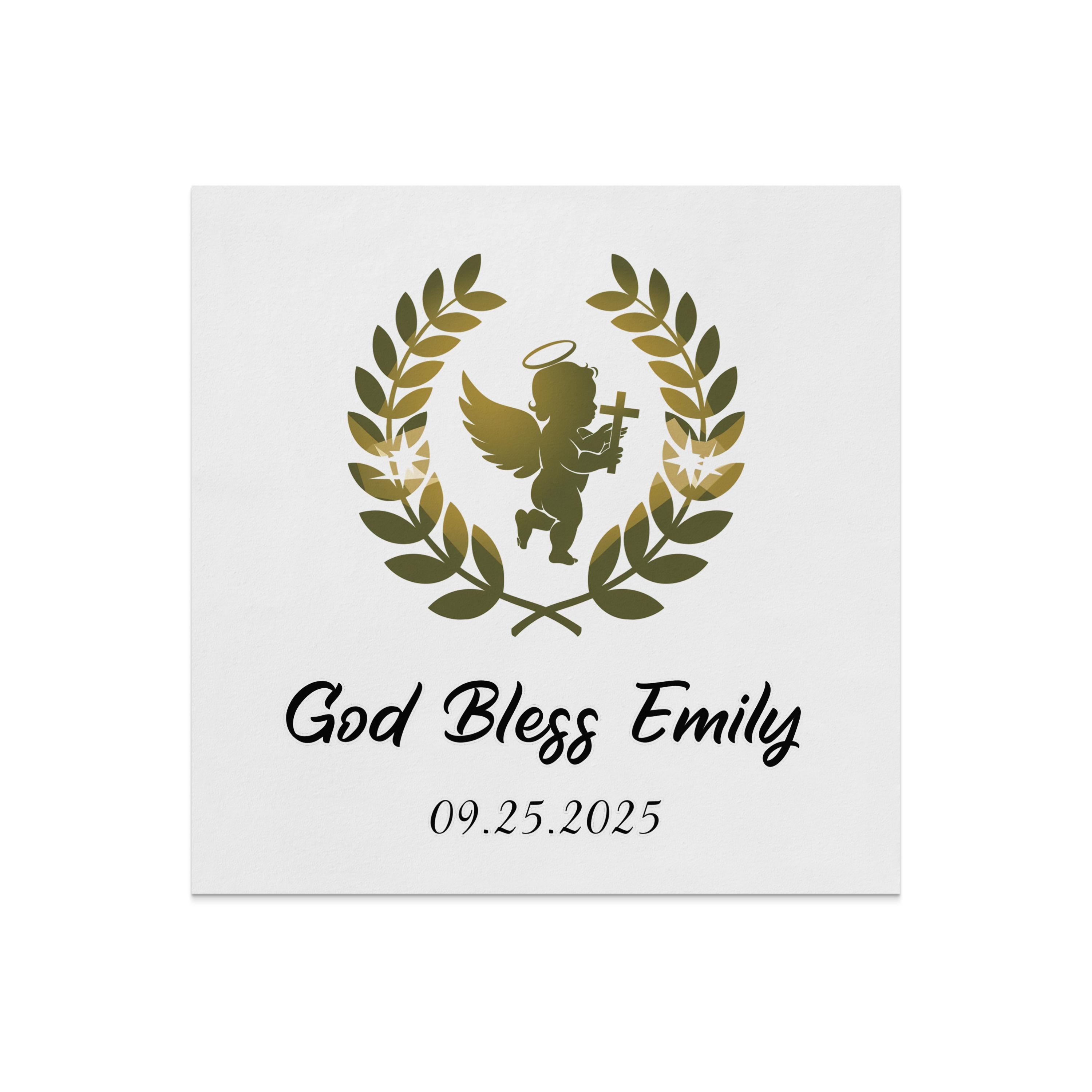 Angel with laurel wreath, "God Bless Emily," and date.