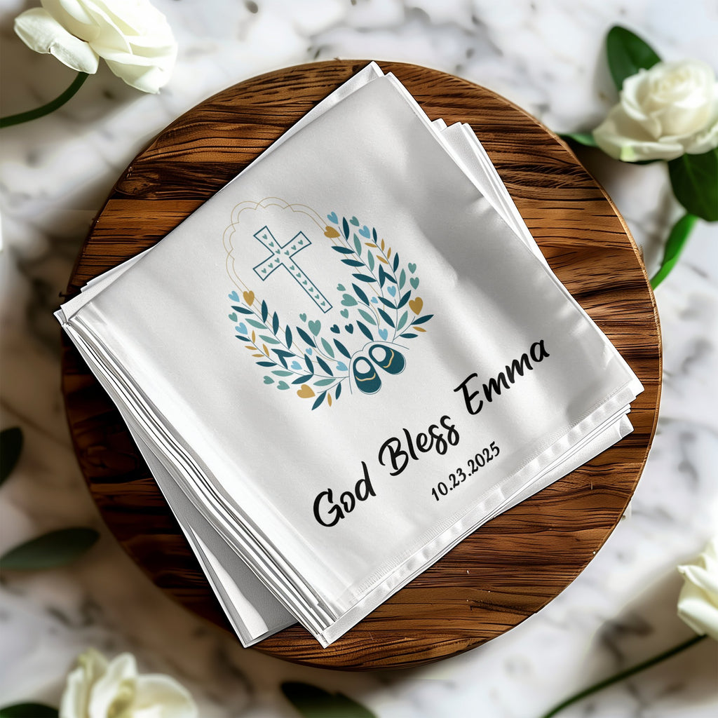 White christening keepsake with "God Bless Emma" and date.