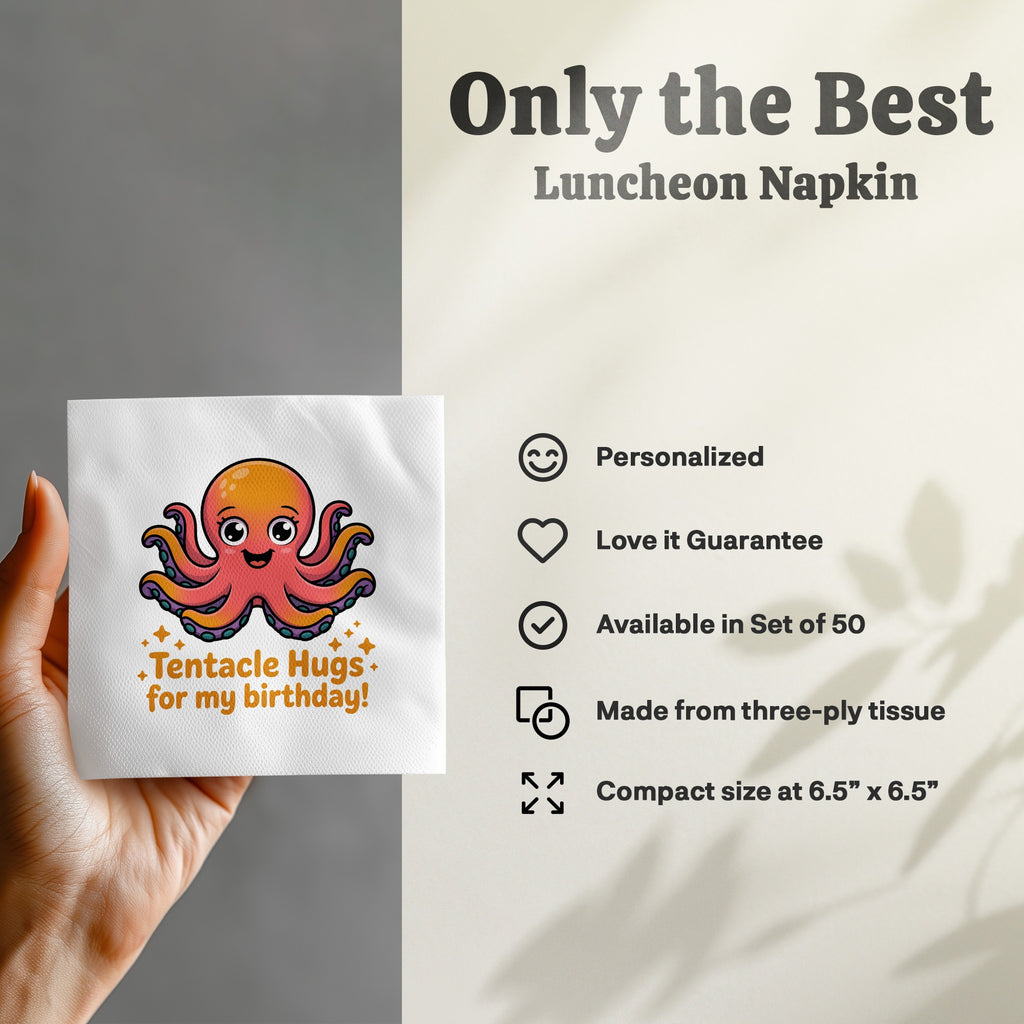 Orange cartoon octopus wishing "Happy Birthday!" on a white luncheon napkin.