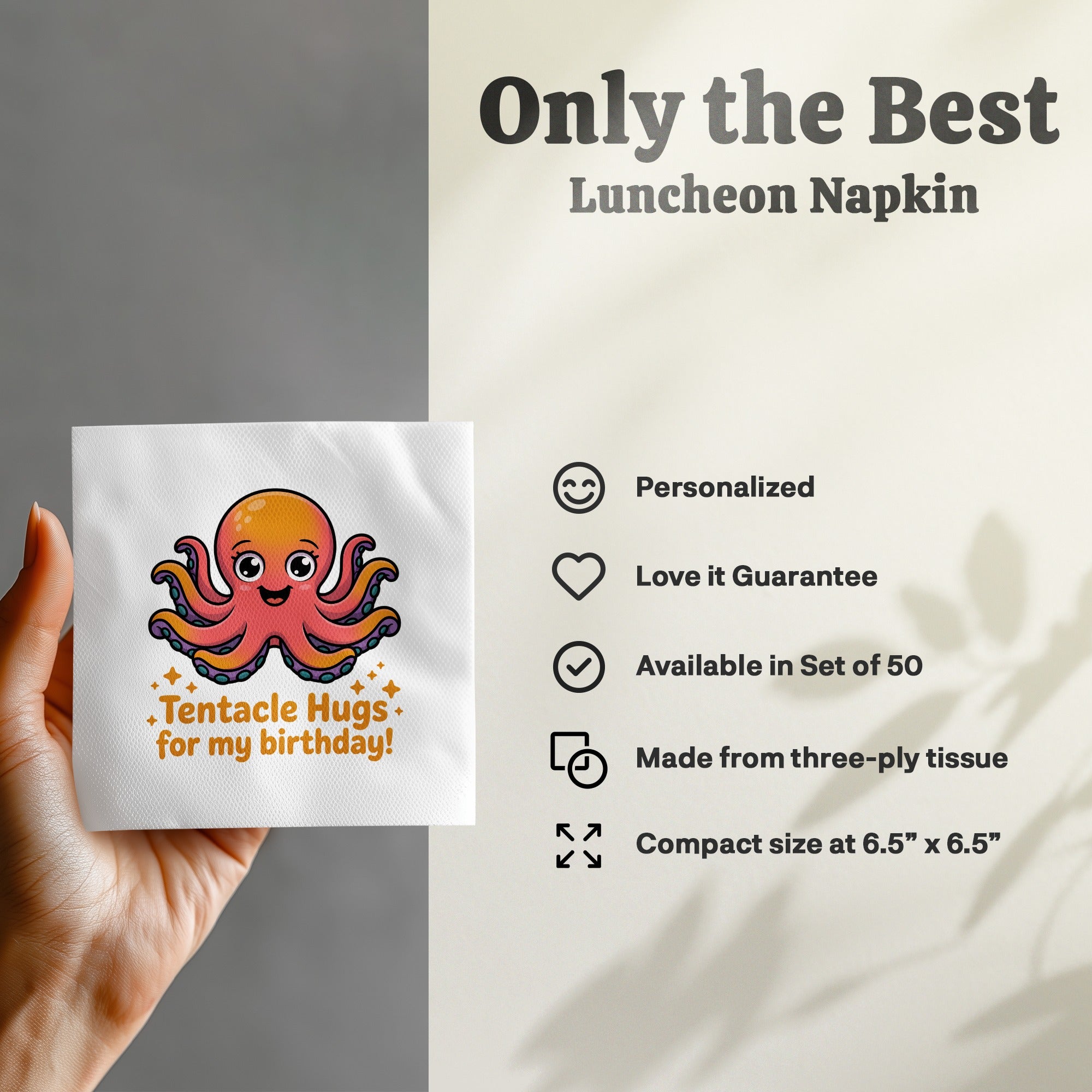Orange cartoon octopus wishing "Happy Birthday!" on a white luncheon napkin.
