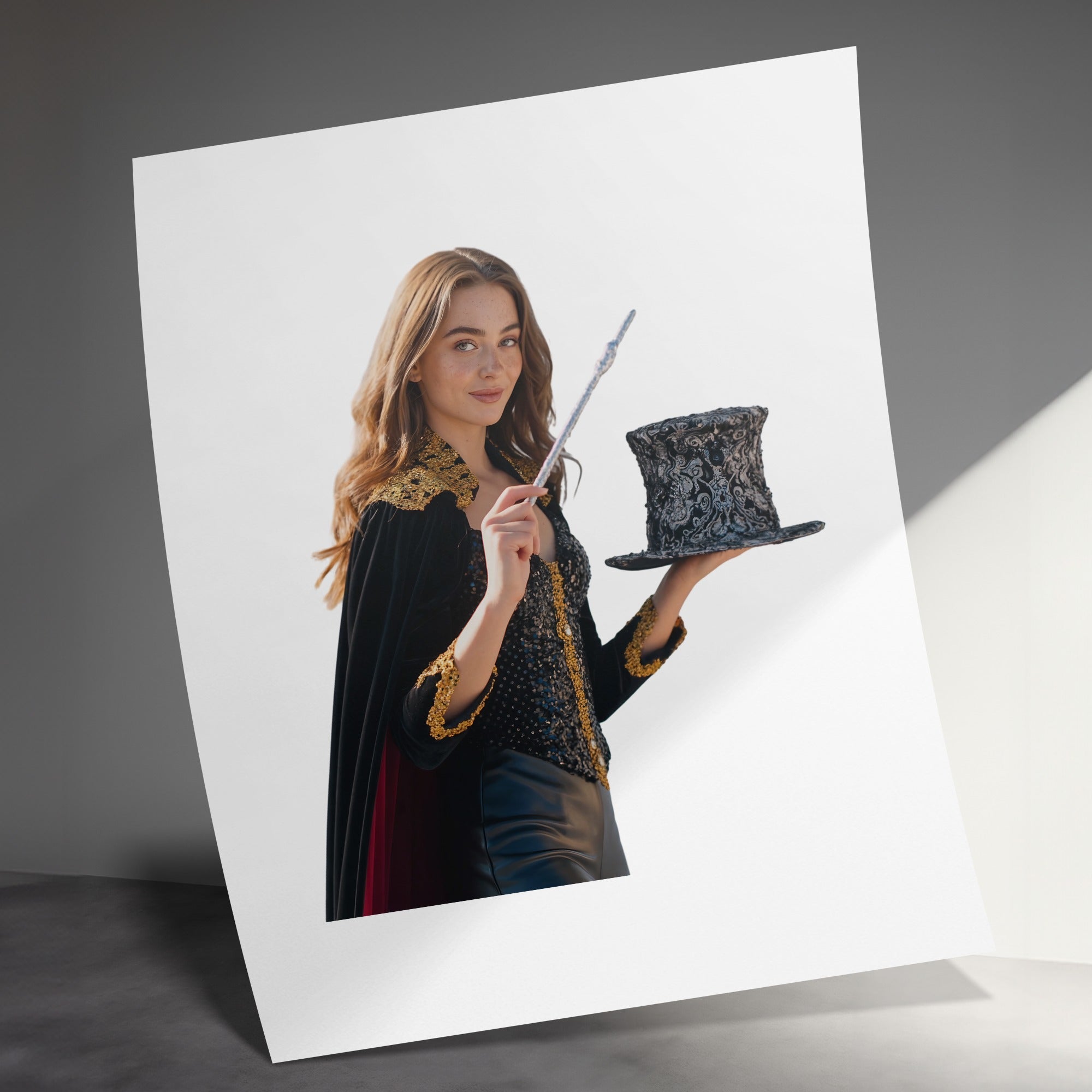 Magician in black cape and sparkling outfit holds top hat and wand.