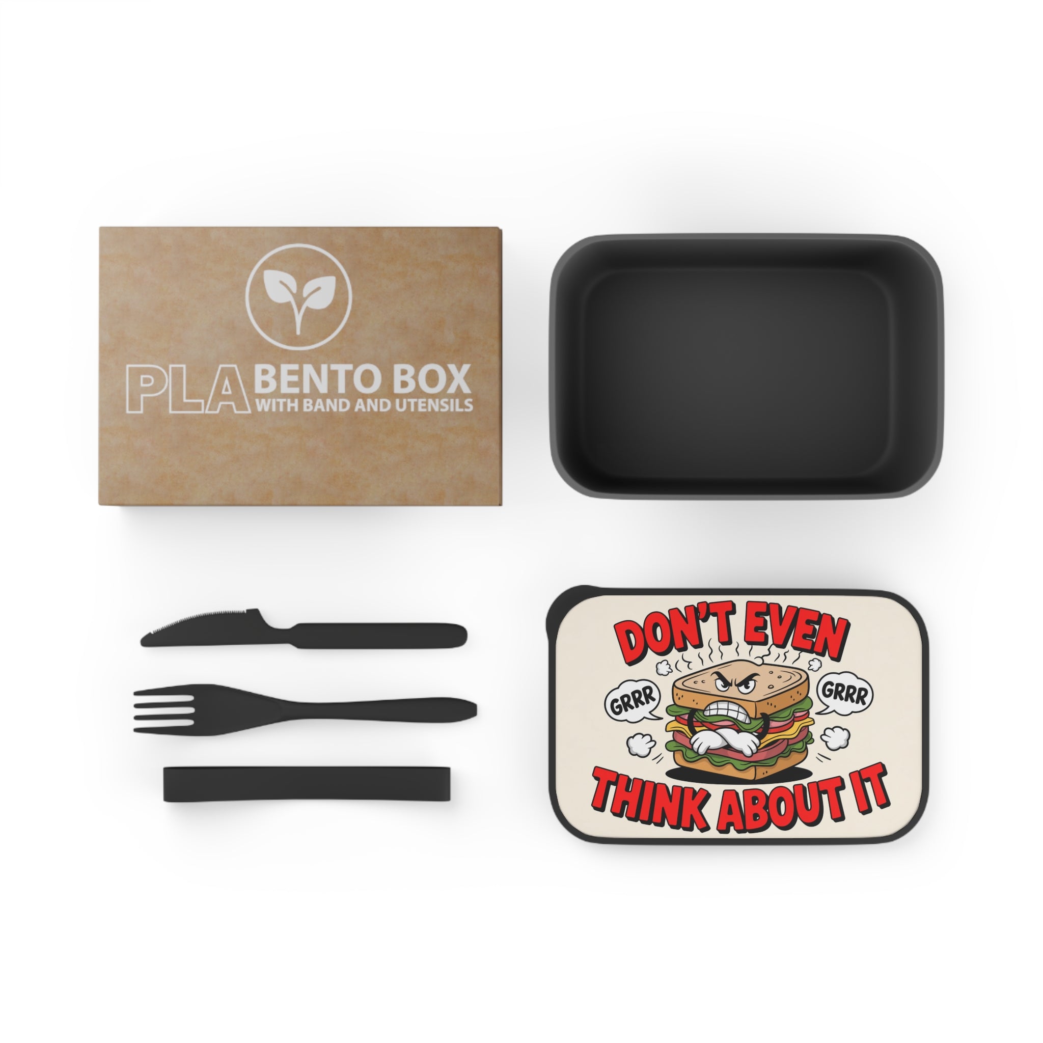 PLA Bento Box with band and utensils featuring cartoon sandwich.