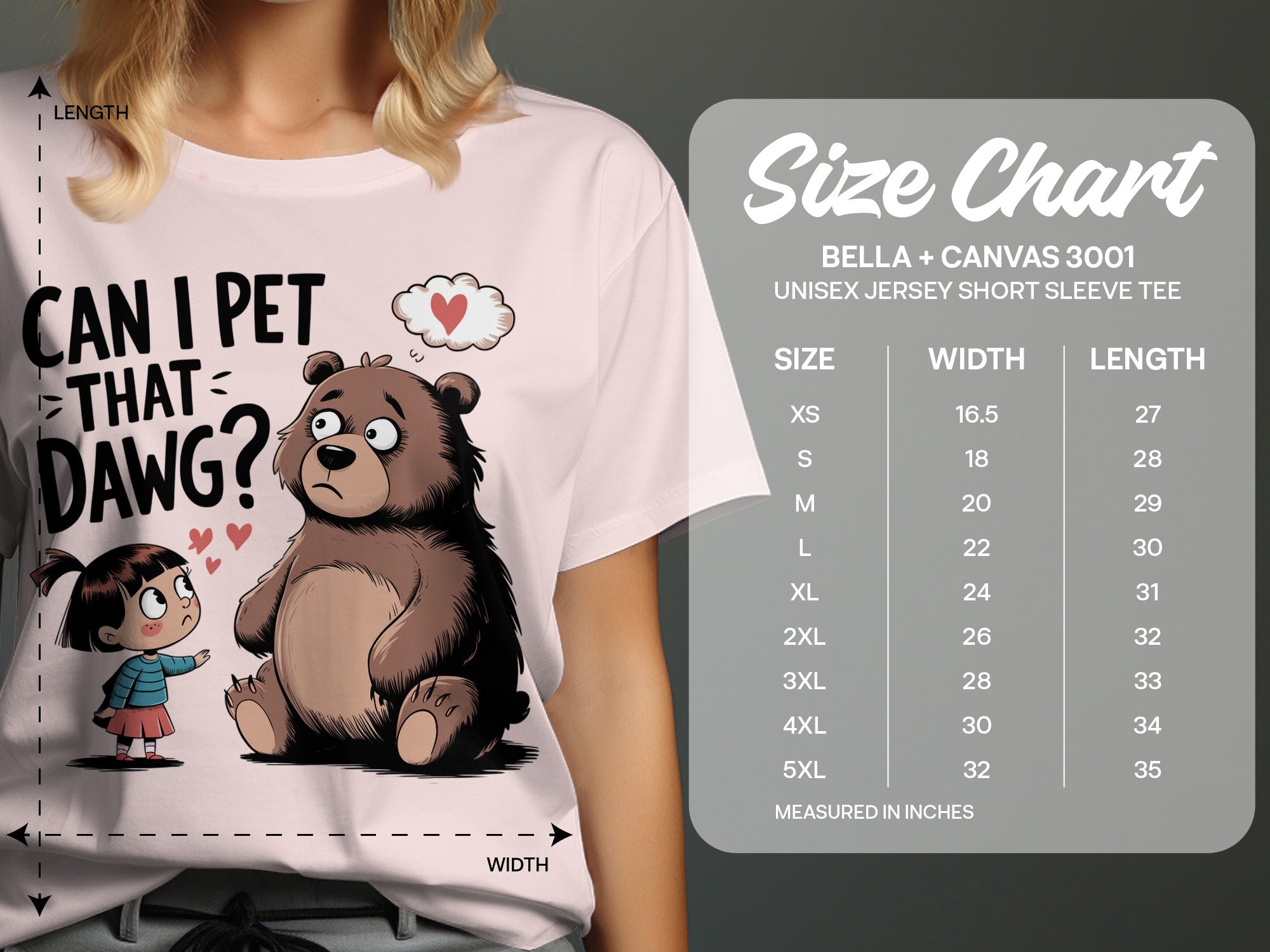 T-shirt size chart with illustration of a bear asking "Can I pet that dawg?".