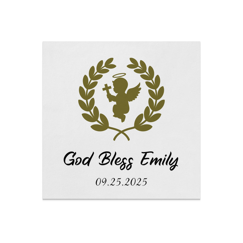 Olive wreath with angel and text "God Bless Emily" and date.