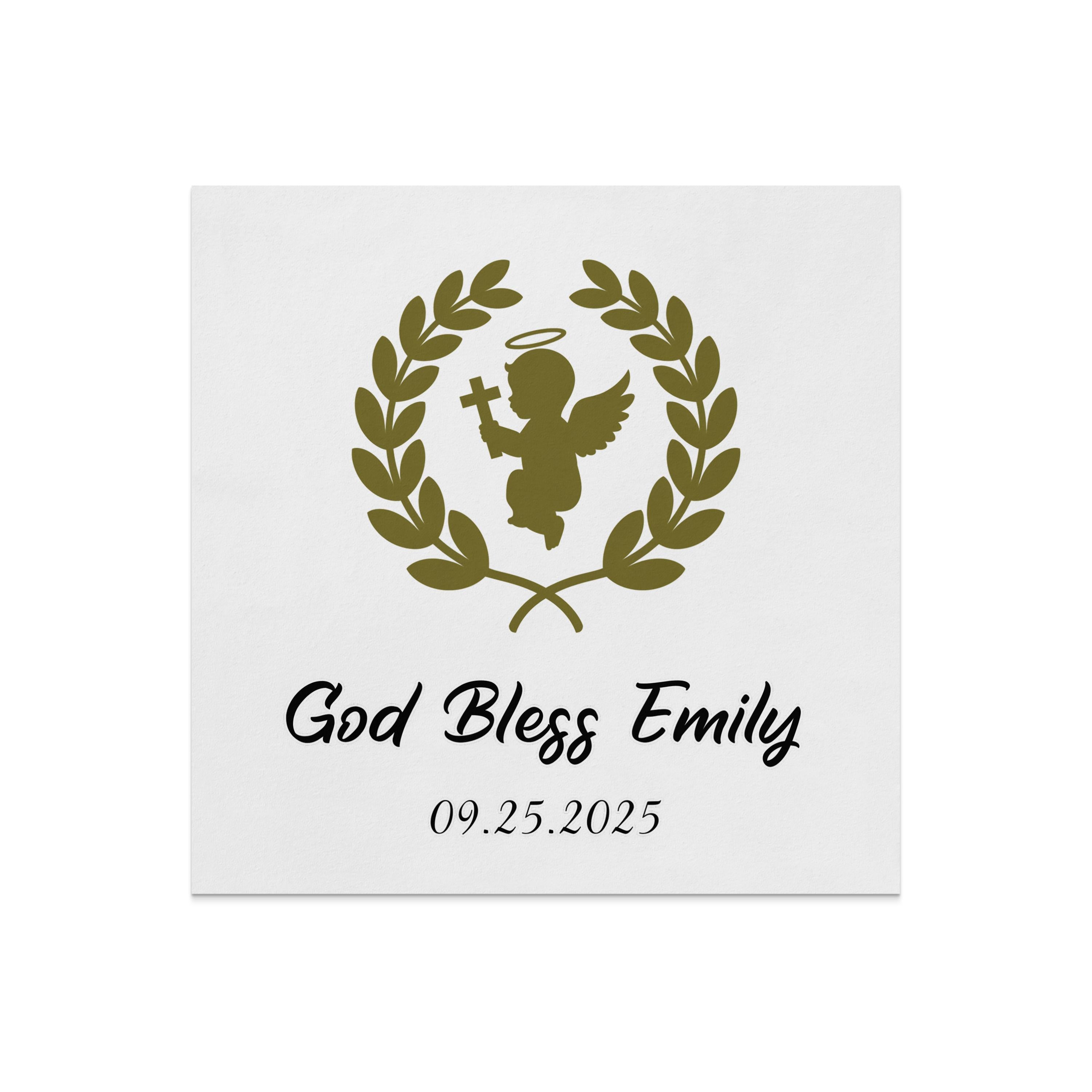 Olive wreath with angel and text "God Bless Emily" and date.