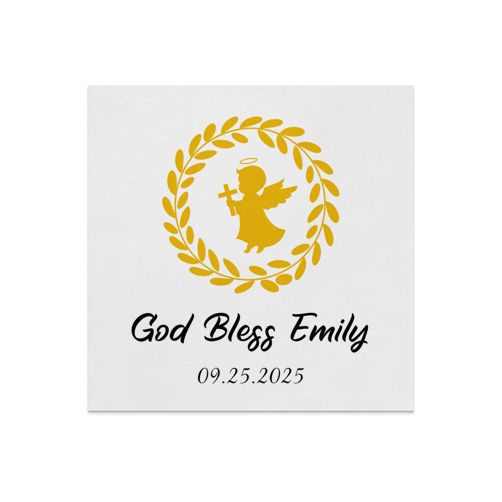 Gold angel with halo and cross within laurel wreath, text "God Bless Emily 09.25.2025".