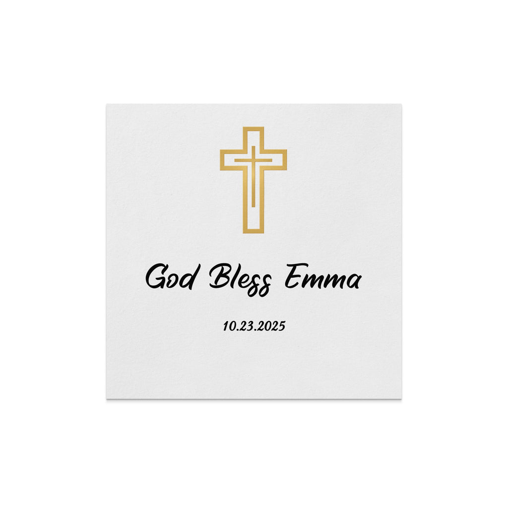 Gold cross and "God Bless Emma" with date "10.23.2025" on white card.