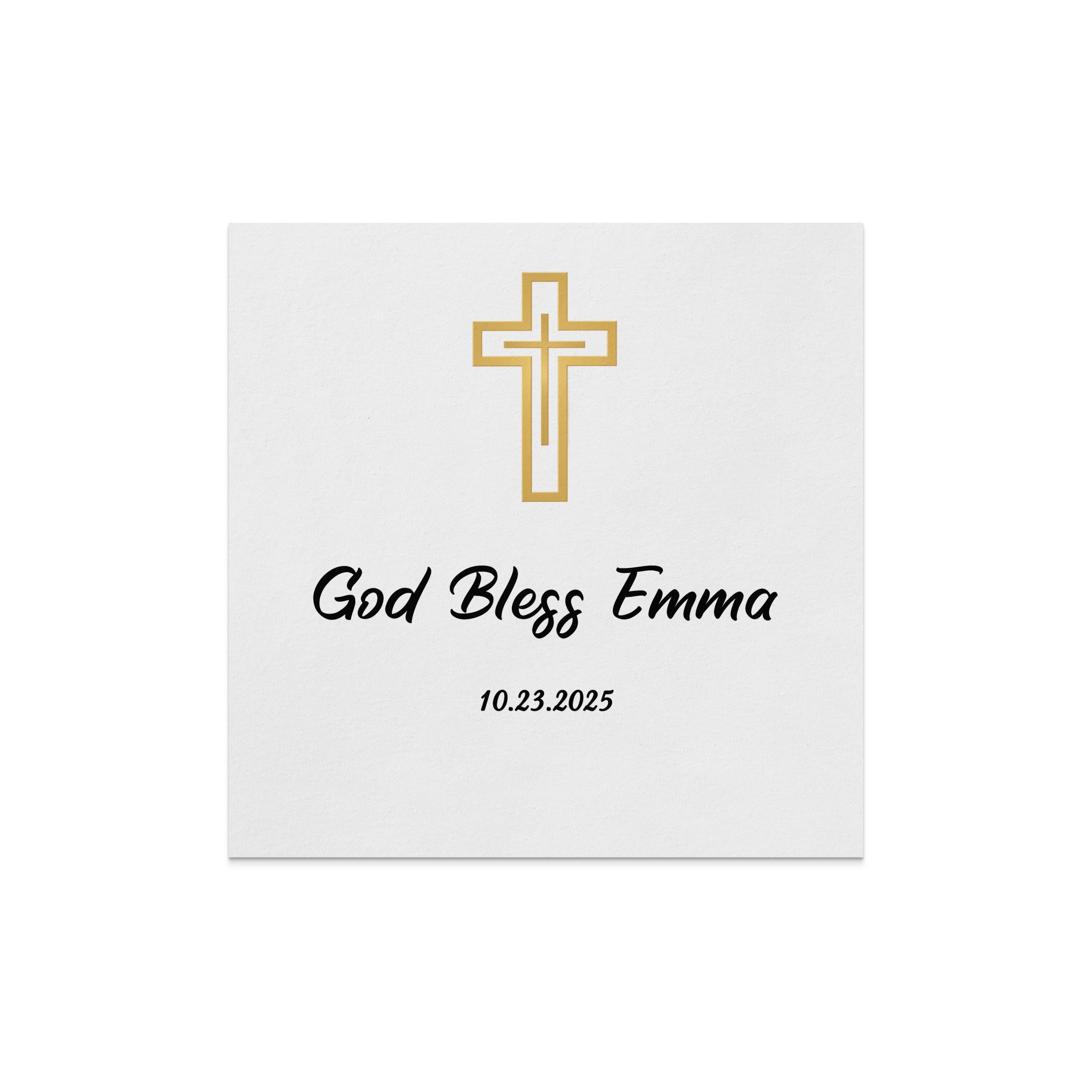 Gold cross and "God Bless Emma" with date "10.23.2025" on white card.