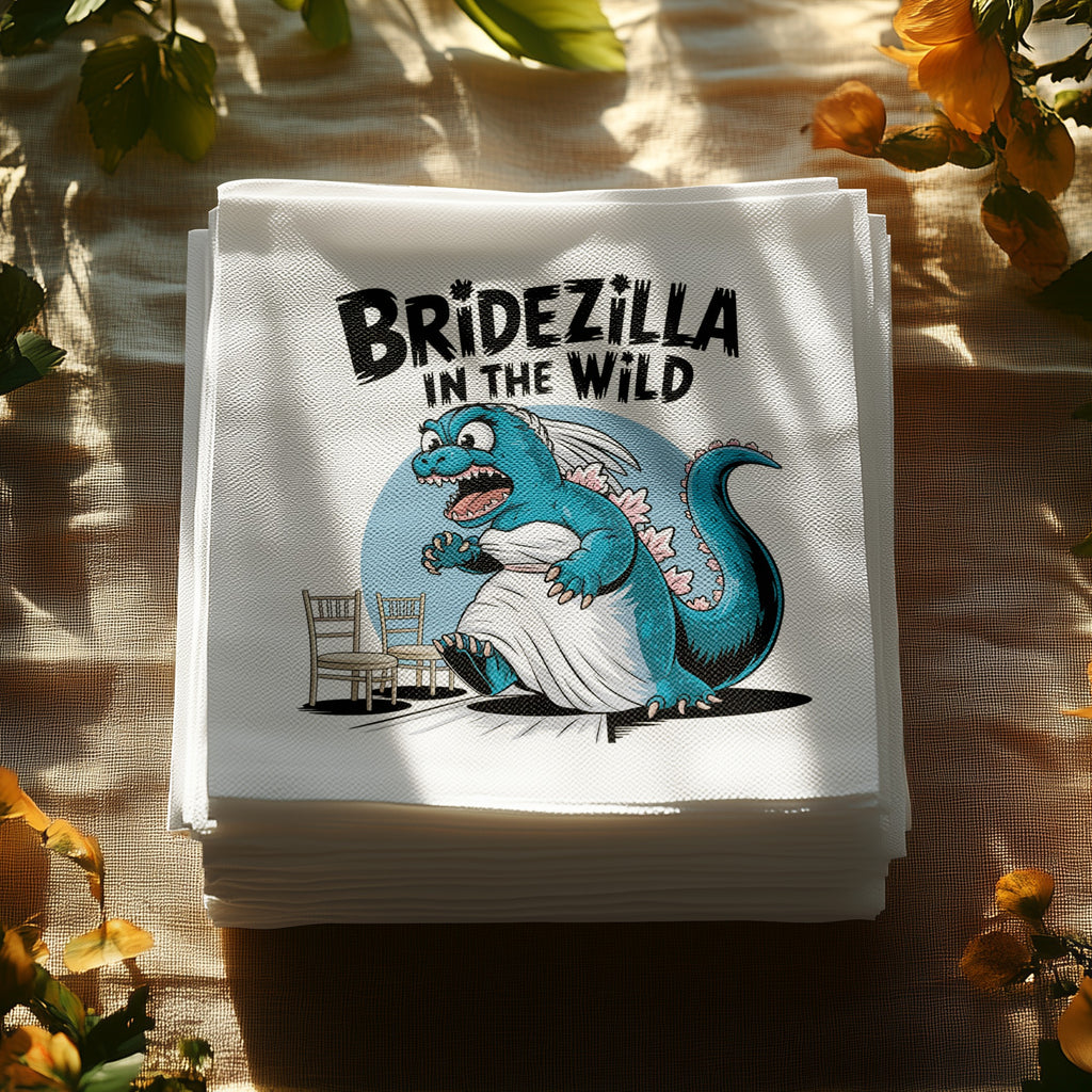 Bridezilla illustration on stack of white napkins, with small chairs and foliage.