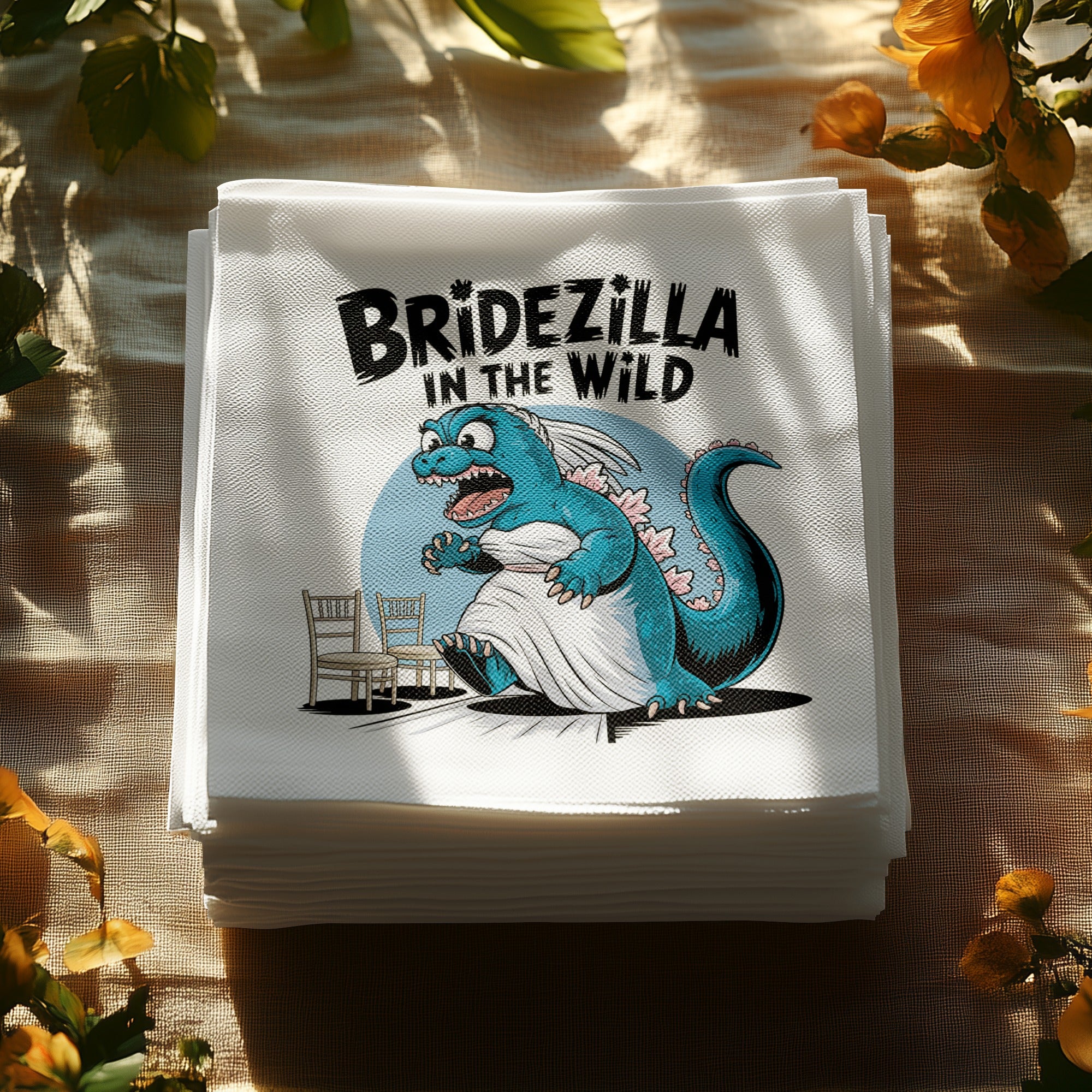 Bridezilla illustration on stack of white napkins, with small chairs and foliage.
