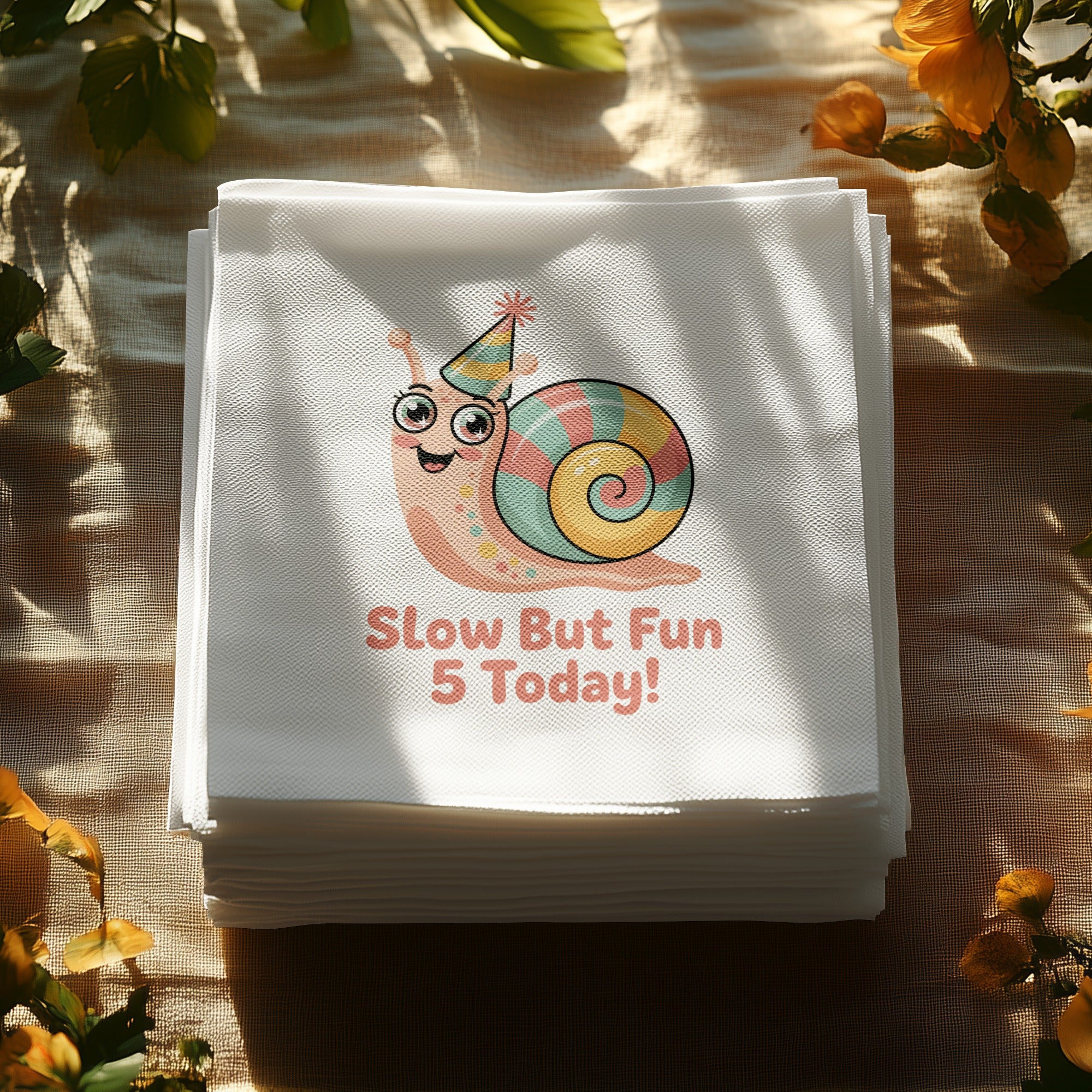 Stack of white napkins with a cartoon snail wearing a party hat and the text "Slow But Fun 5 Today!"