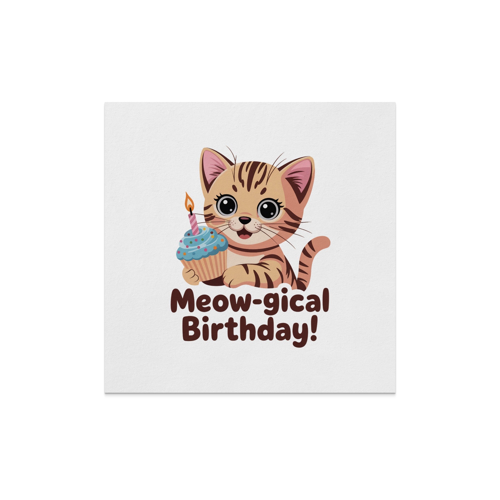 Cartoon cat with birthday cupcake and "Meow-gical Birthday!" text.