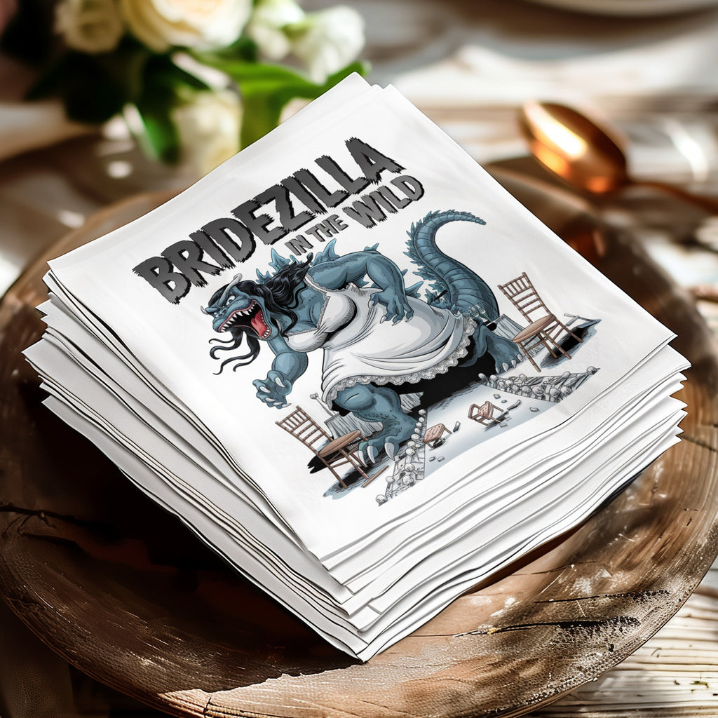 Godzilla bride in wedding dress smashing chairs on paper napkins.