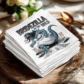 Godzilla bride in wedding dress smashing chairs on paper napkins.