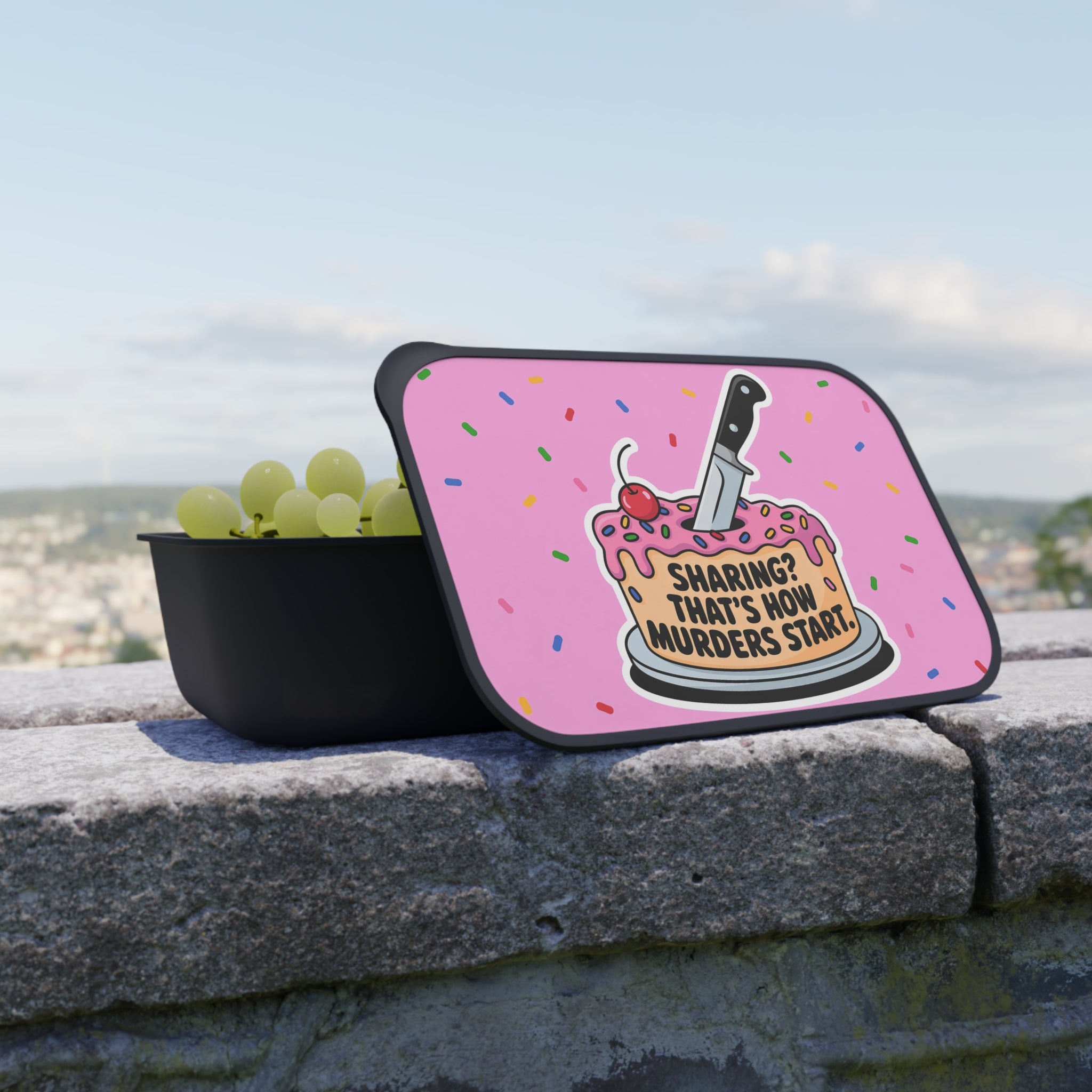 Cake with knife and text "Sharing? That's how murders start."
