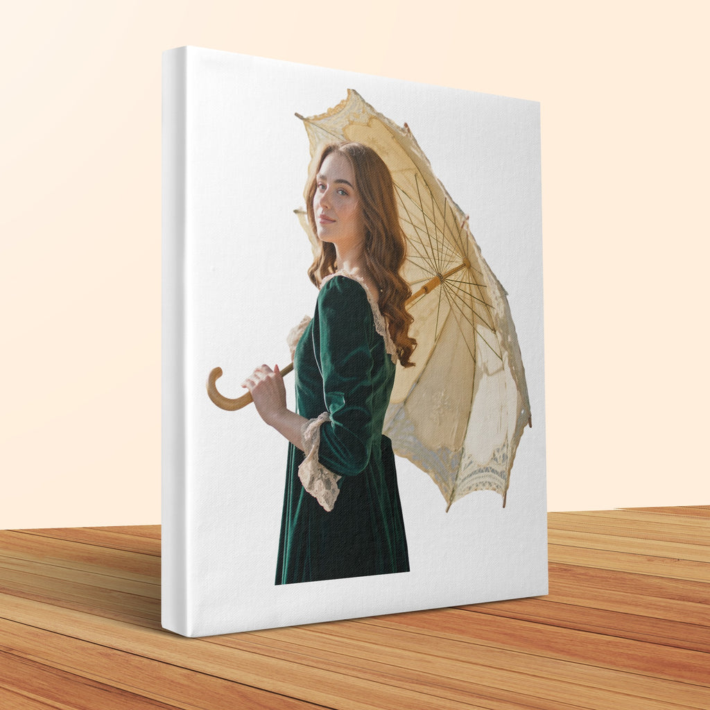 Woman in green velvet dress holding antique lace parasol.