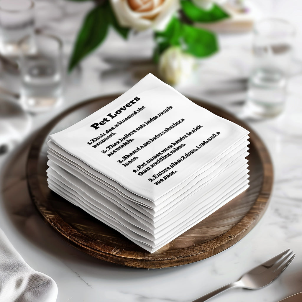 Stack of napkins with "Pet Lovers" and five funny pet-related statements.