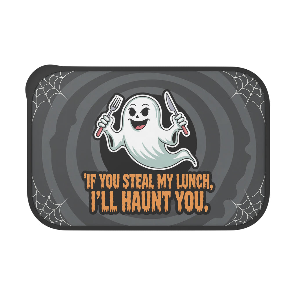 Ghost holding fork and knife with "If you steal my lunch, I'll haunt you" text.
