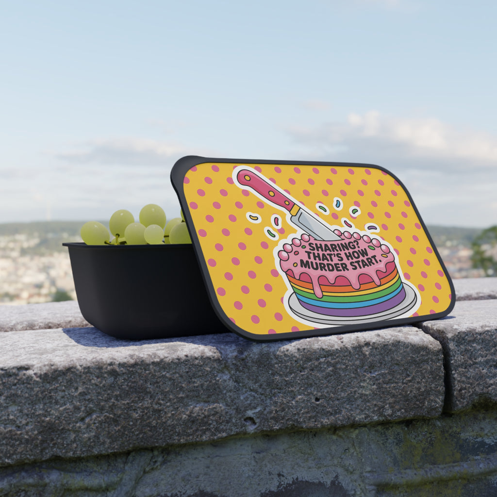 Rainbow cake with knife and text "Sharing? That's how murder start."
