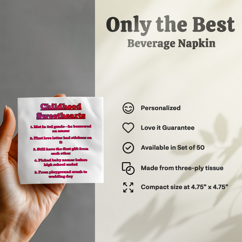 Beverage napkin listing childhood sweethearts milestones and product features.