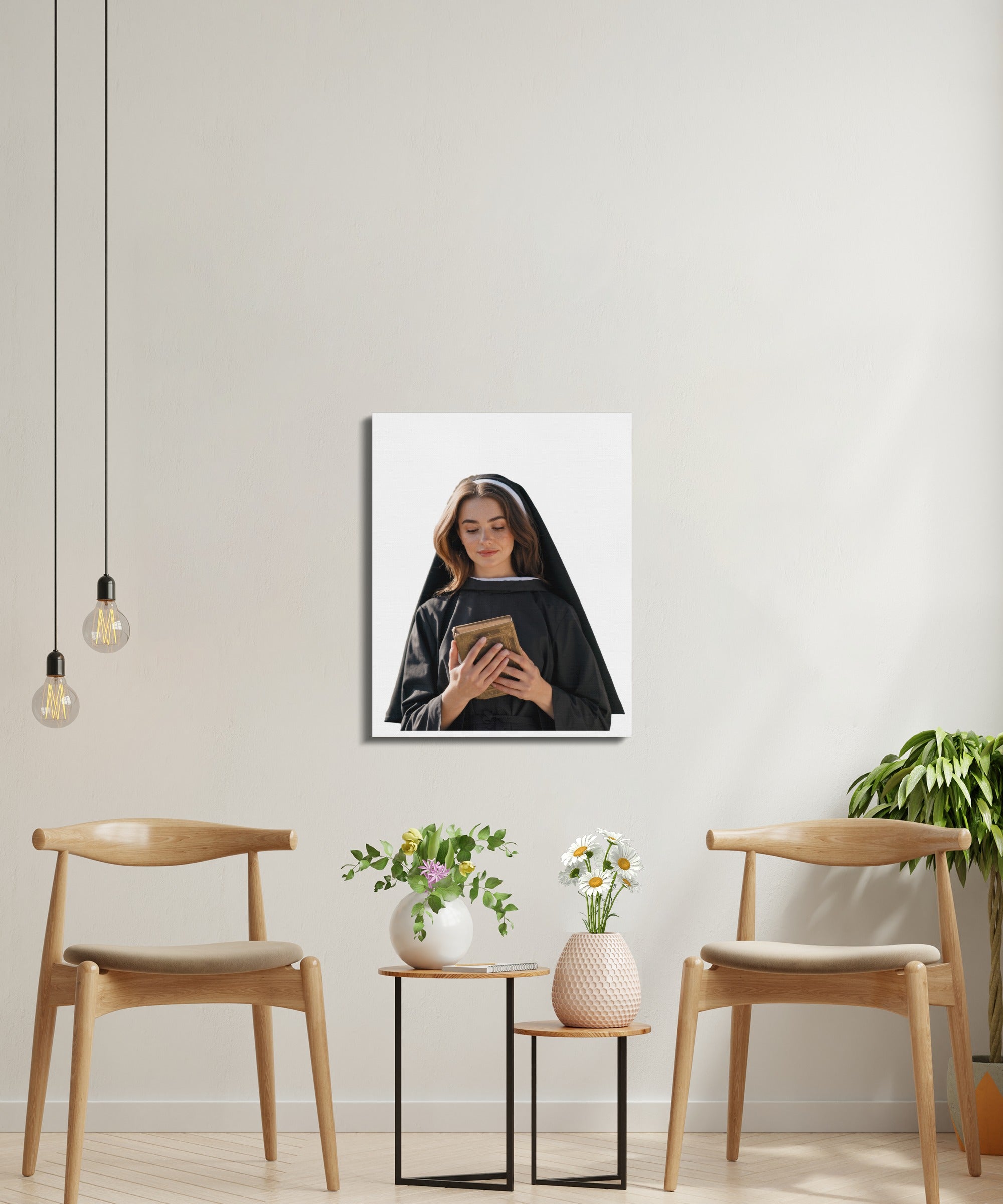 Woman in nun habit reads a book in a room with two wooden chairs.