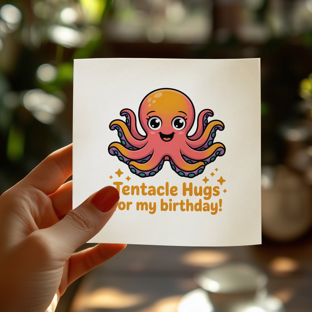 Cute smiling octopus with text "Tentacle Hugs for my birthday!".