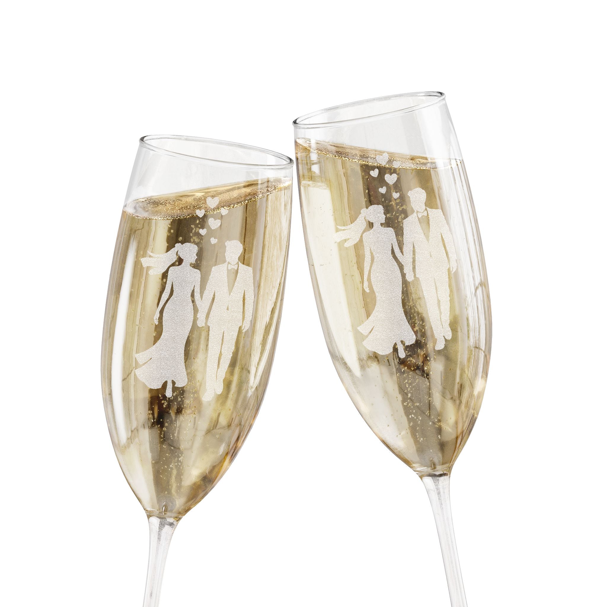 Two champagne flutes clinking, etched with silhouettes of a wedding couple.