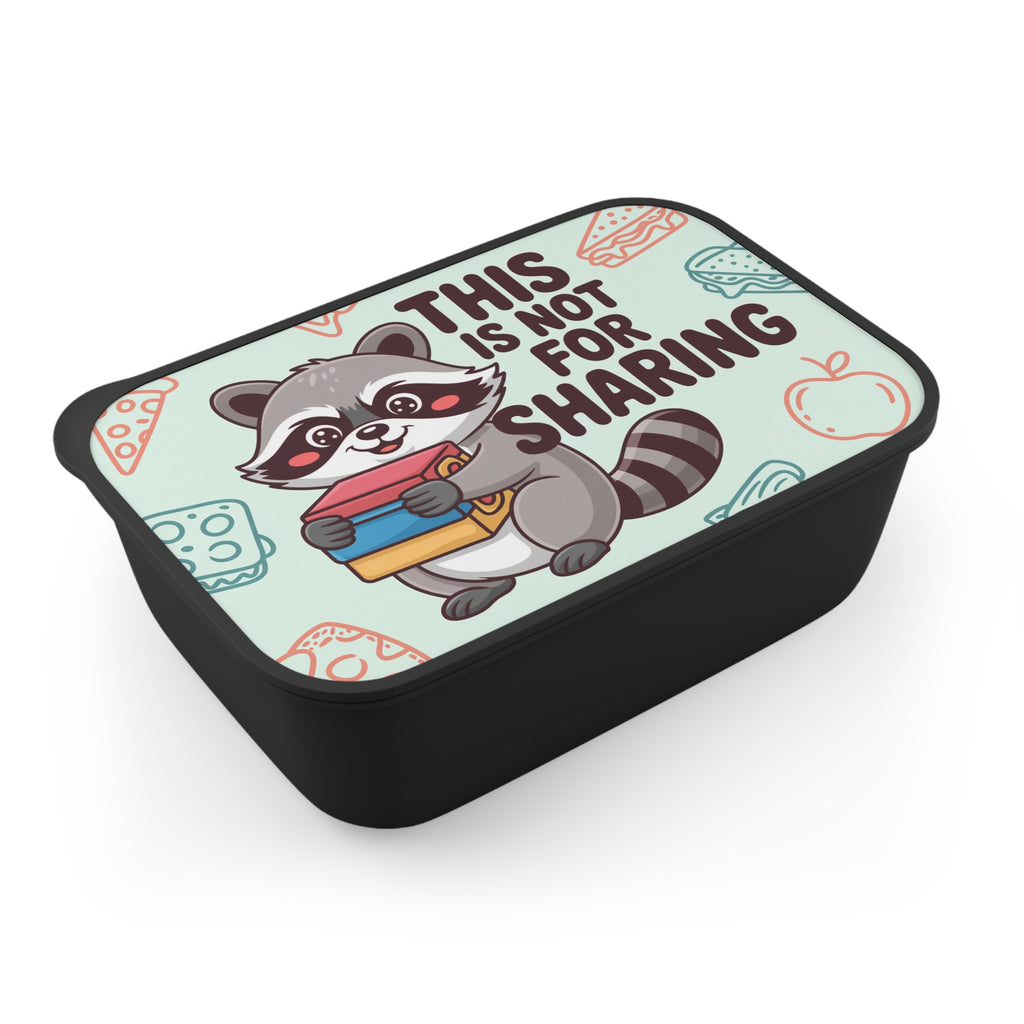 Cartoon raccoon holding books with "This is not for sharing" text.