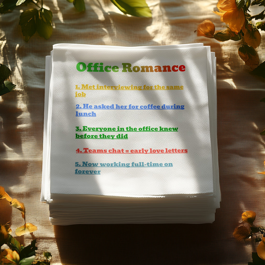Stack of white napkins with "Office Romance" and a numbered list of phrases.