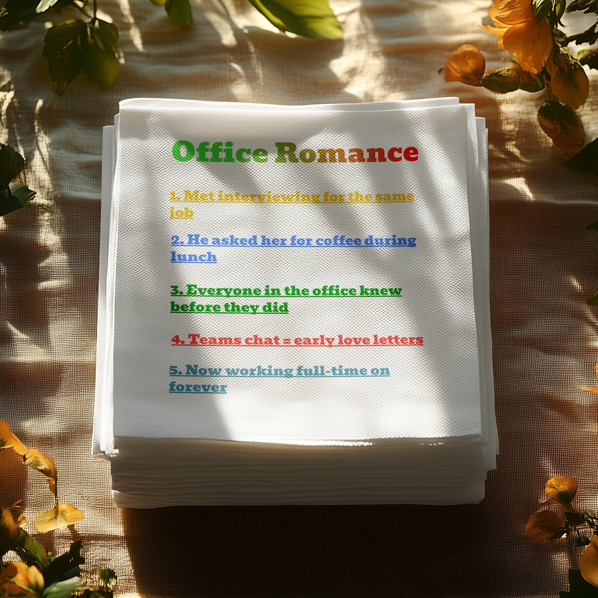 Stack of white napkins with "Office Romance" and a numbered list of phrases.