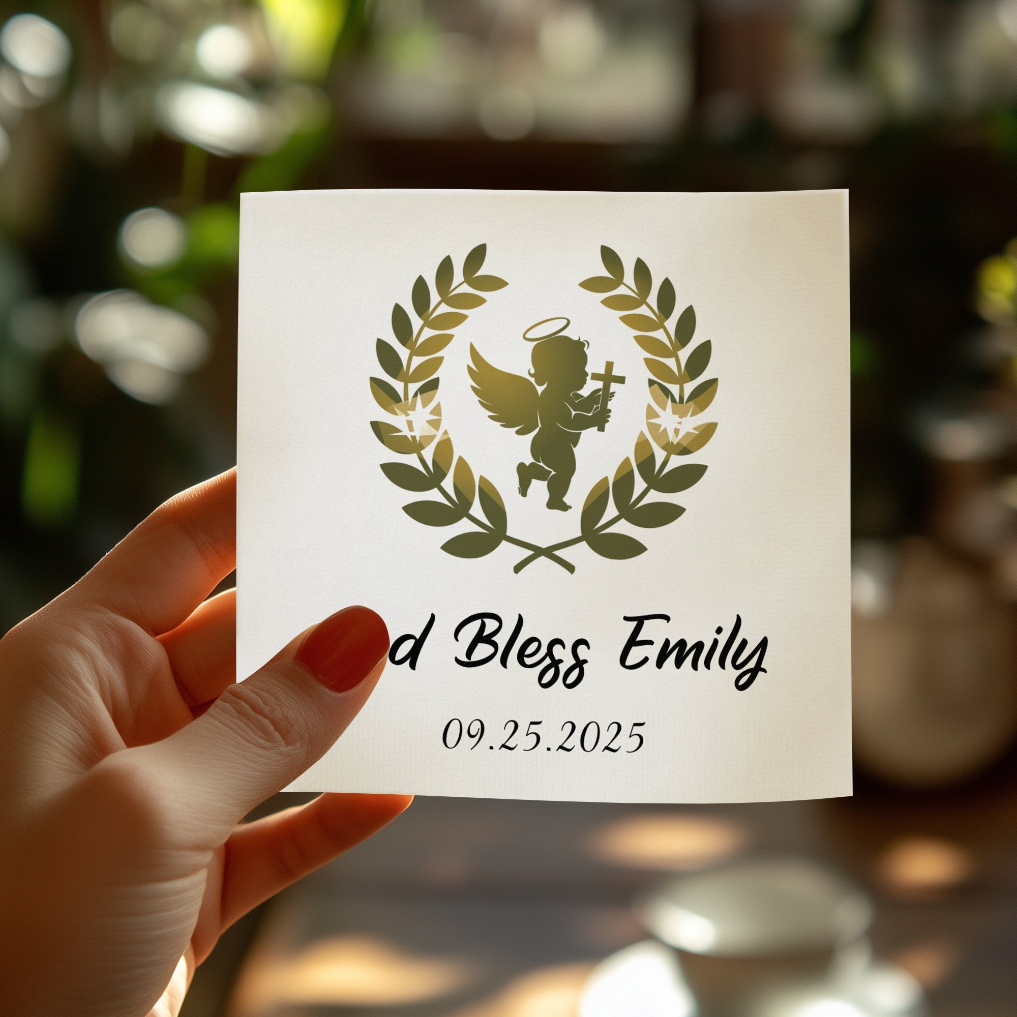"God Bless Emily" card held by hand, with laurel wreath and angel graphic.