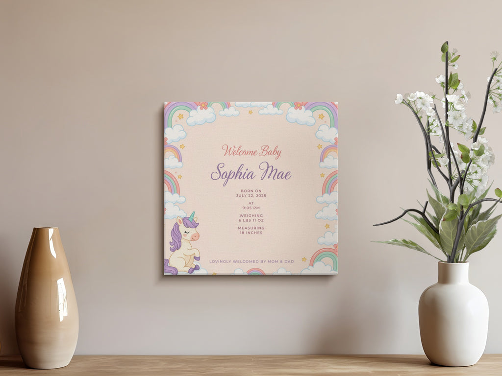 Welcome Baby Sophia Mae birth announcement with unicorn, rainbows, and clouds.