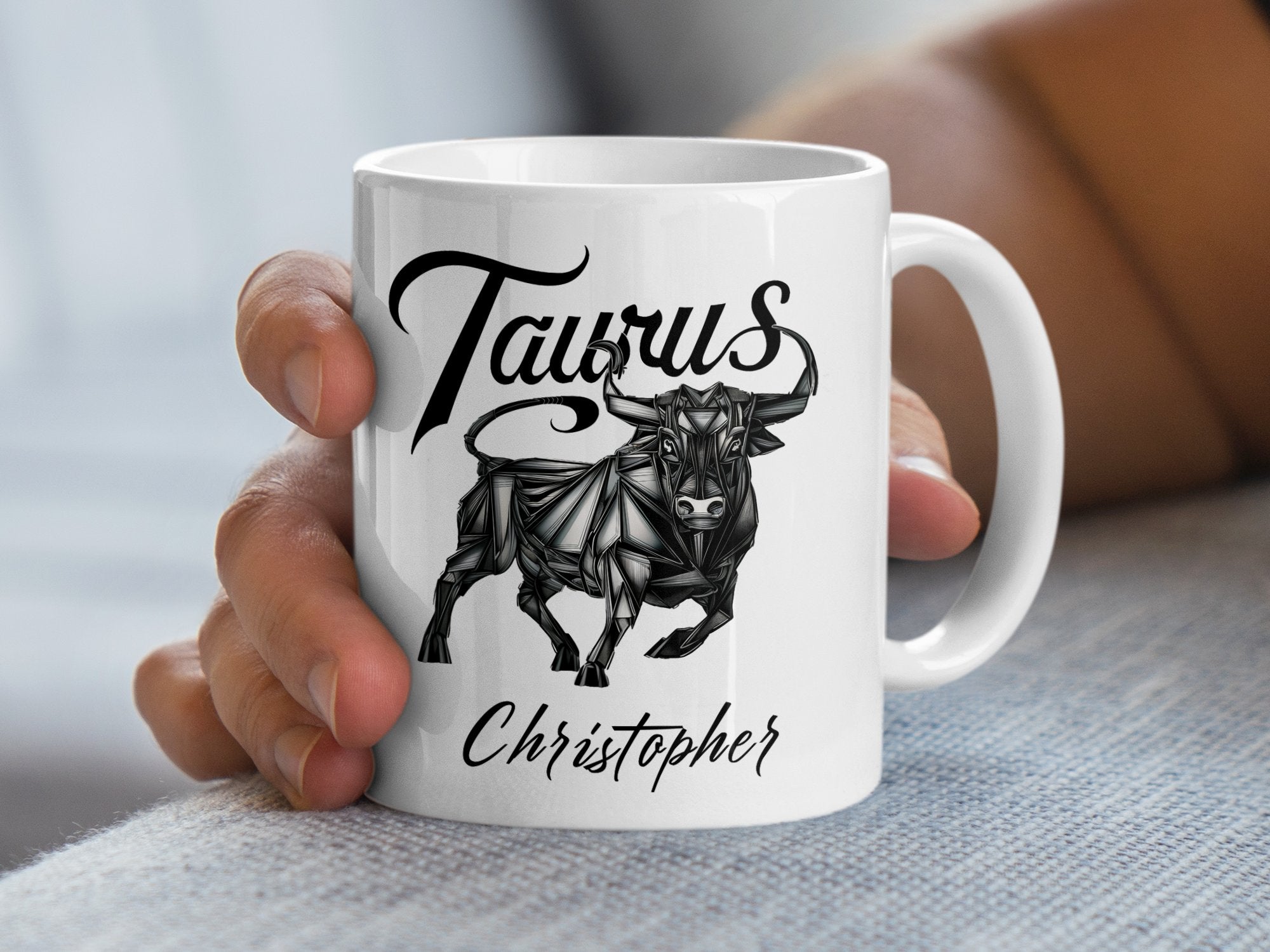 White mug with Taurus bull graphic and name Christopher.