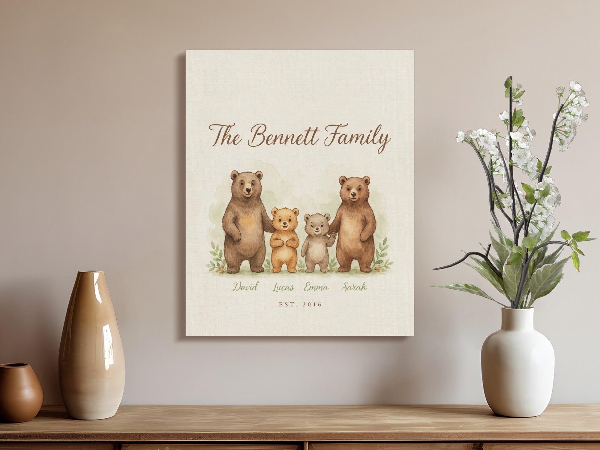 Artwork of bears titled "The Bennett Family" with names David, Lucas, Emma, Sarah and EST. 2016.