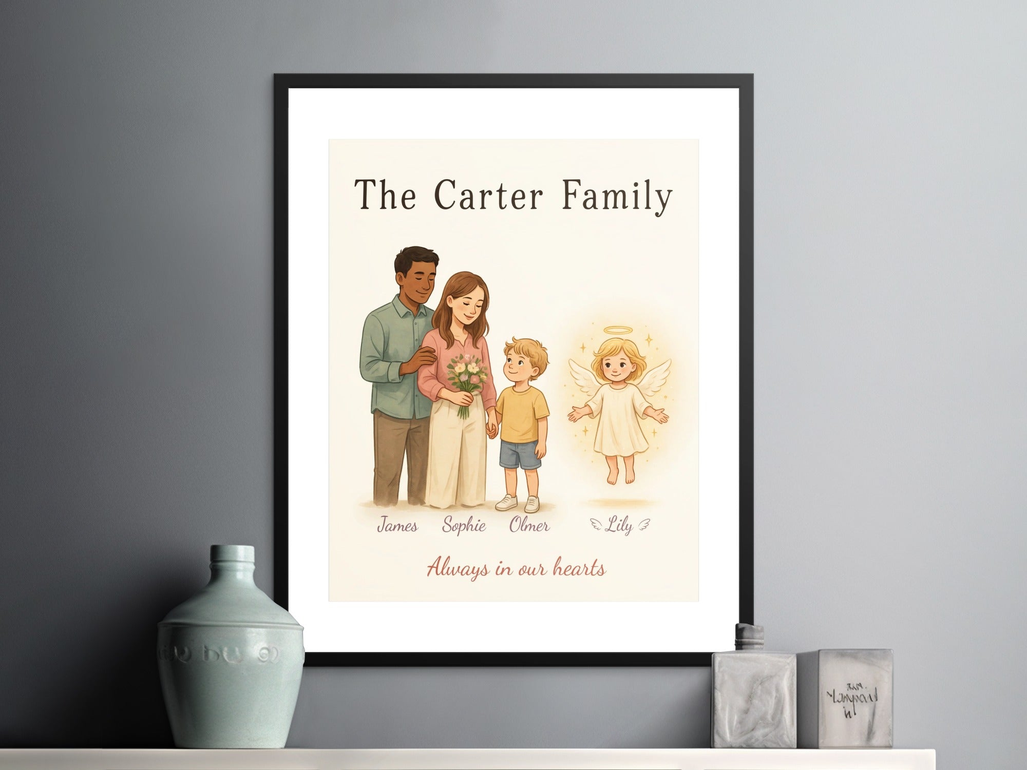 "The Carter Family" portrait with parents, son, and angel, titled "Always in our hearts".